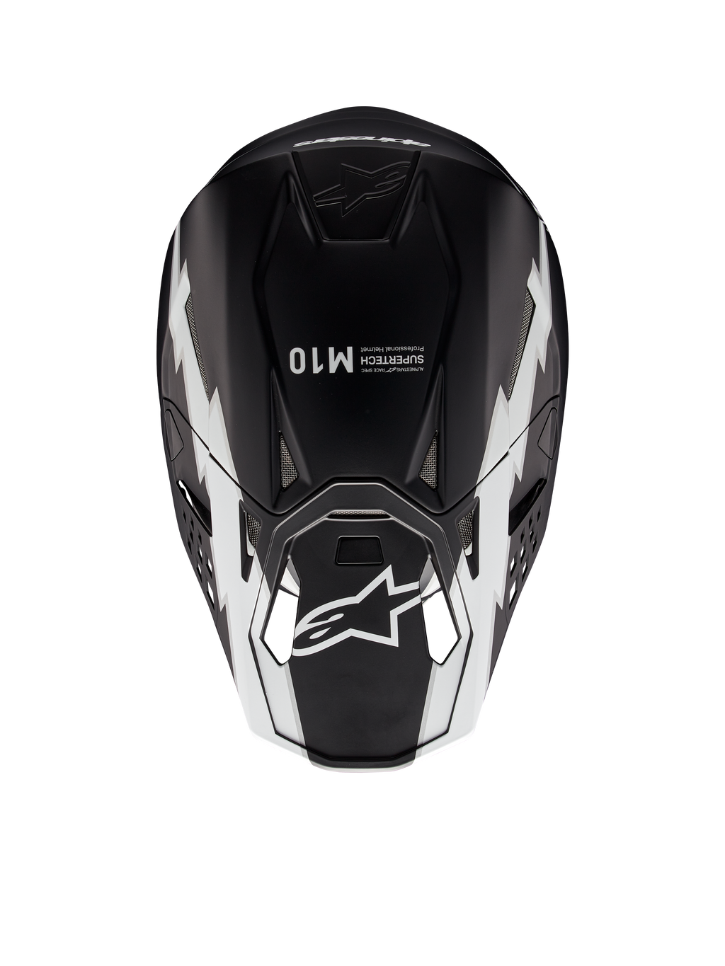 Casco Alpinestars Supertech M10 Ampress, casco da motocross, nero e bianco opaco, vista dall'alto che mostra grafiche geometriche bianche, logo A-star sulla visiera e marchio Supertech M10 sulla calotta, design aerodinamico per prestazioni off-road