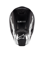Casco Alpinestars Supertech M10 Ampress, casco da motocross, nero e bianco opaco, vista dall'alto che mostra grafiche geometriche bianche, logo A-star sulla visiera e marchio Supertech M10 sulla calotta, design aerodinamico per prestazioni off-road