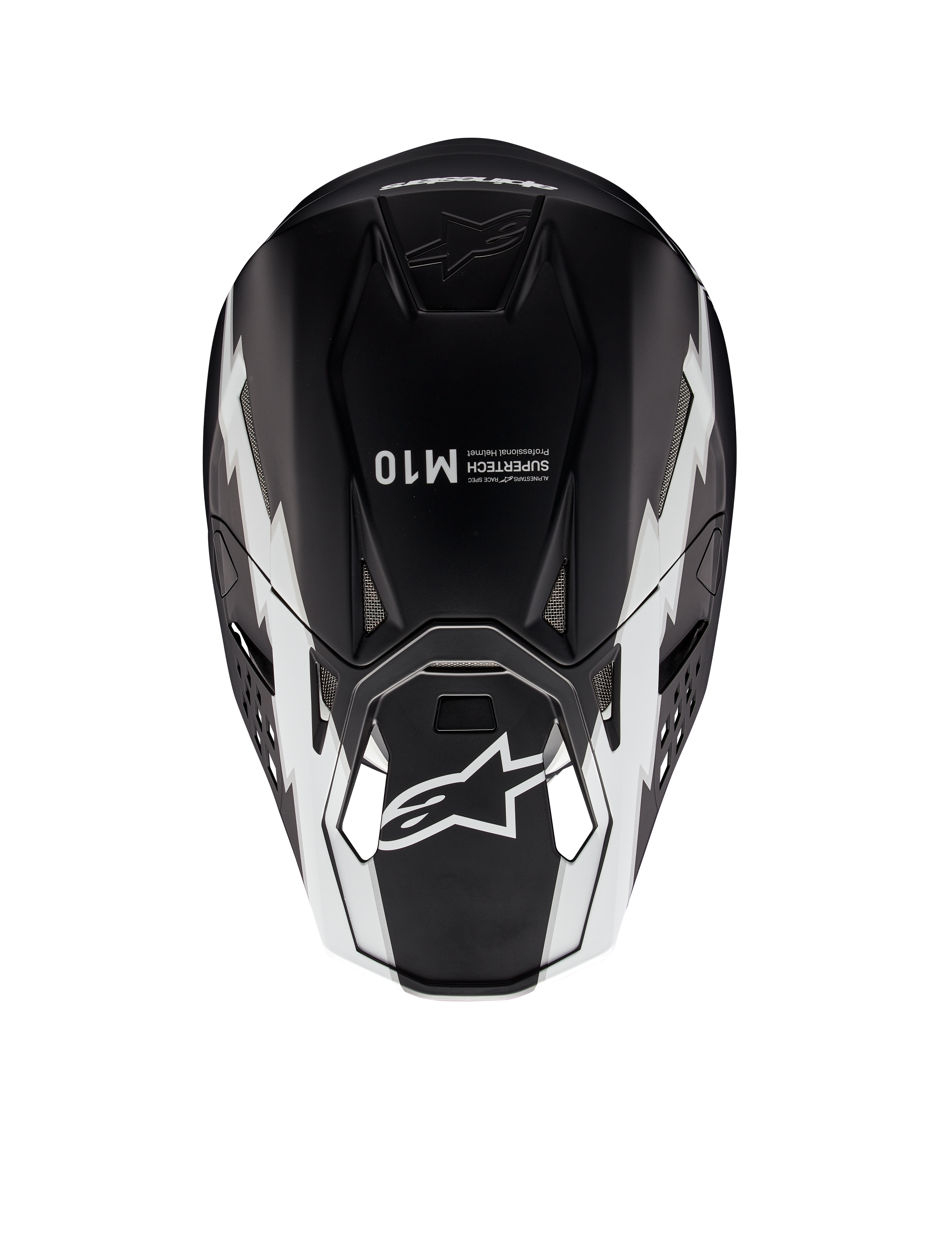 Casco Alpinestars Supertech M10 Ampress, casco da motocross, nero e bianco opaco, vista dall'alto che mostra grafiche geometriche bianche, logo A-star sulla visiera e marchio Supertech M10 sulla calotta, design aerodinamico per prestazioni off-road