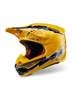 Casco Alpinestars Supertech M10 Ampress, casco da motocross, giallo e nero lucido, con grafiche a fulmine, frontino ventilato e design aerodinamico, protezione off-road ad alte prestazioni.