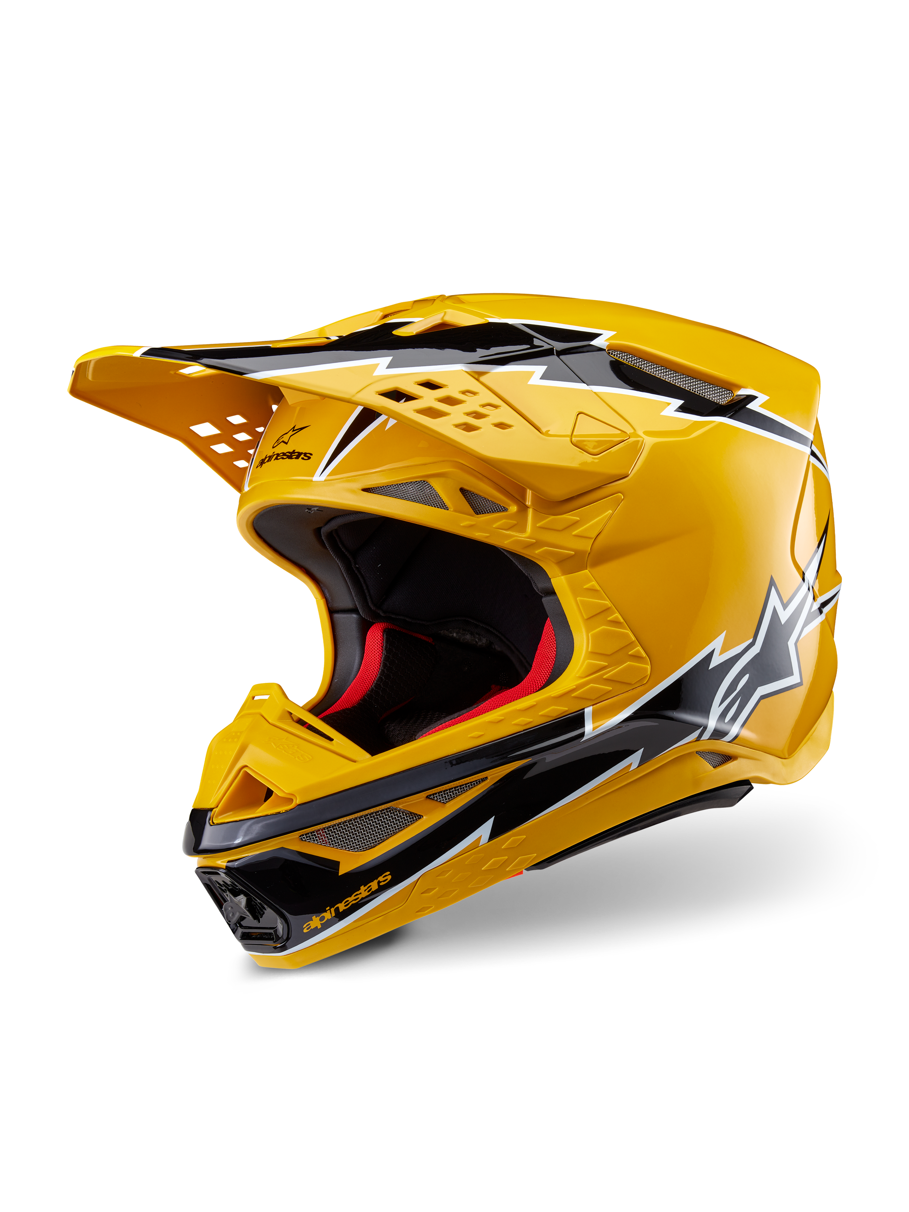 Casco Alpinestars Supertech M10 Ampress, casco da motocross, giallo e nero lucido, con grafiche a fulmine, frontino ventilato e design aerodinamico, protezione off-road ad alte prestazioni.
