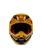 Casco Alpinestars Supertech M10 Ampress, casco da motocross, giallo e nero lucido, vista frontale con grafiche angolari audaci, logo Alpinestars sul frontino, imbottitura interna rossa, calotta aerodinamica per gare professionistiche di motocross
