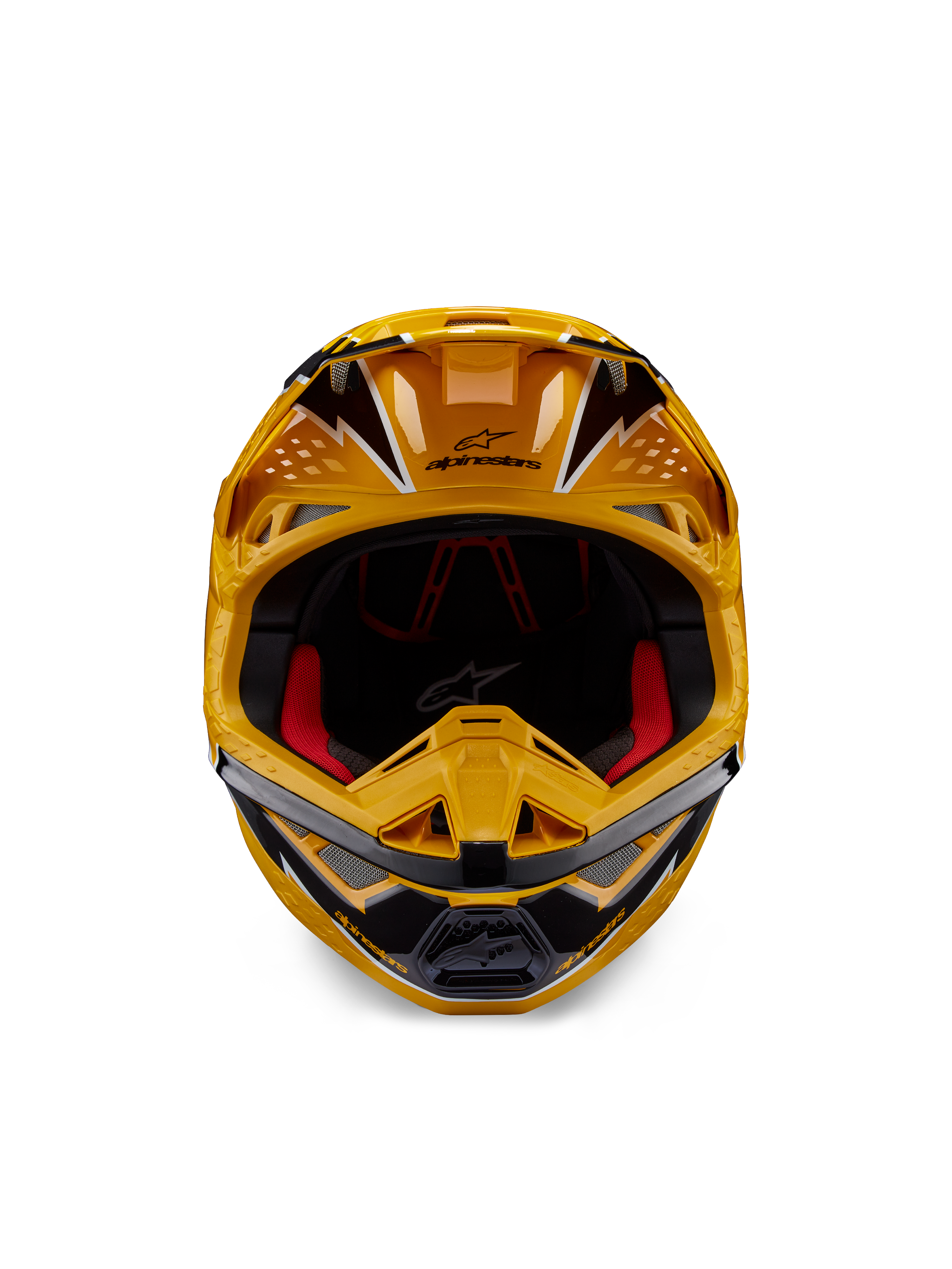 Casco Alpinestars Supertech M10 Ampress, casco da motocross, giallo e nero lucido, vista frontale con grafiche angolari audaci, logo Alpinestars sul frontino, imbottitura interna rossa, calotta aerodinamica per gare professionistiche di motocross