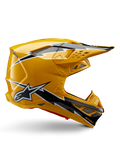 Casco Alpinestars Supertech M10 Ampress, casco da motocross, nero e giallo lucido, profilo laterale con grafiche a fulmine nere e bianche, logo a stella Alpinestars, design aerodinamico con porte di ventilazione integrate e visiera regolabile