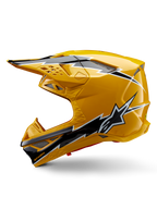 Casco Alpinestars Supertech M10 Ampress, casco da motocross, giallo lucido con grafiche nere e bianche, vista laterale con design angolari audaci, logo a stella Alpinestars e molteplici prese d'aria con rete argentata, attrezzatura professionale per corse fuoristrada