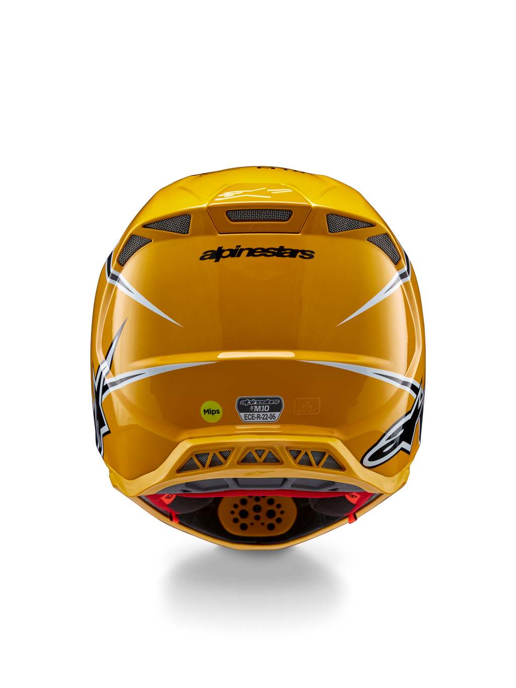 Casco Alpinestars Supertech M10 Ampress, vista posteriore, giallo lucido con accenti neri e bianchi, dotato di prese d'aria posteriori, adesivi MIPS ed ECE 22.06, protezione professionale da motocross