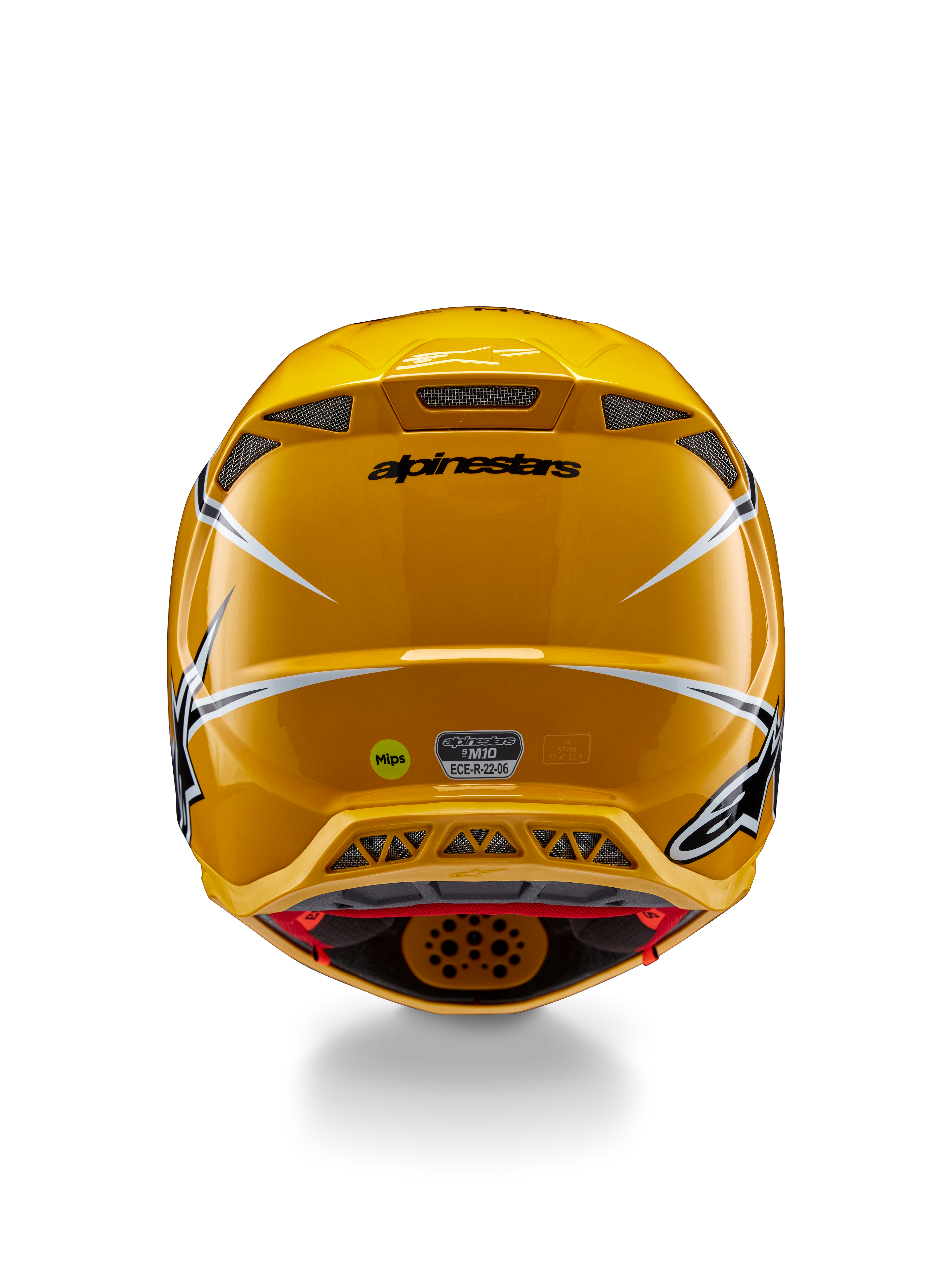 Casco Alpinestars Supertech M10 Ampress, vista posteriore, giallo lucido con accenti neri e bianchi, dotato di prese d'aria posteriori, adesivi MIPS ed ECE 22.06, protezione professionale da motocross
