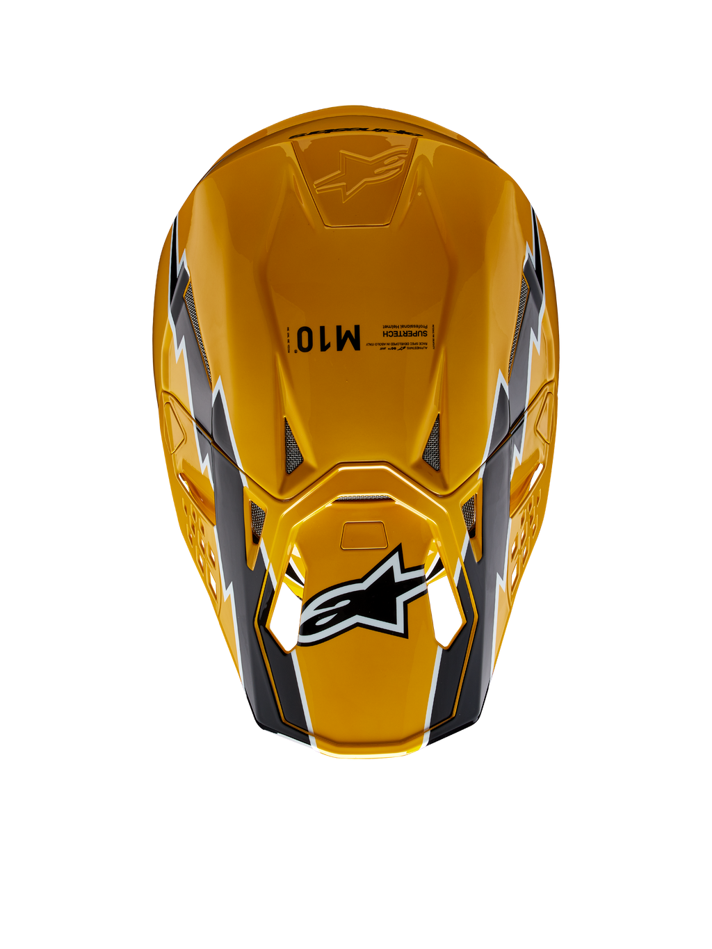 Casco Alpinestars Supertech M10 Ampress, casco da motocross, nero giallo lucido, vista dall'alto con finitura gialla lucida e grafiche nere e bianche, logo Alpinestars sulla visiera e calotta aerodinamica con prese d'aria.