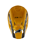 Casco Alpinestars Supertech M10 Ampress, casco da motocross, nero giallo lucido, vista dall'alto con finitura gialla lucida e grafiche nere e bianche, logo Alpinestars sulla visiera e calotta aerodinamica con prese d'aria.