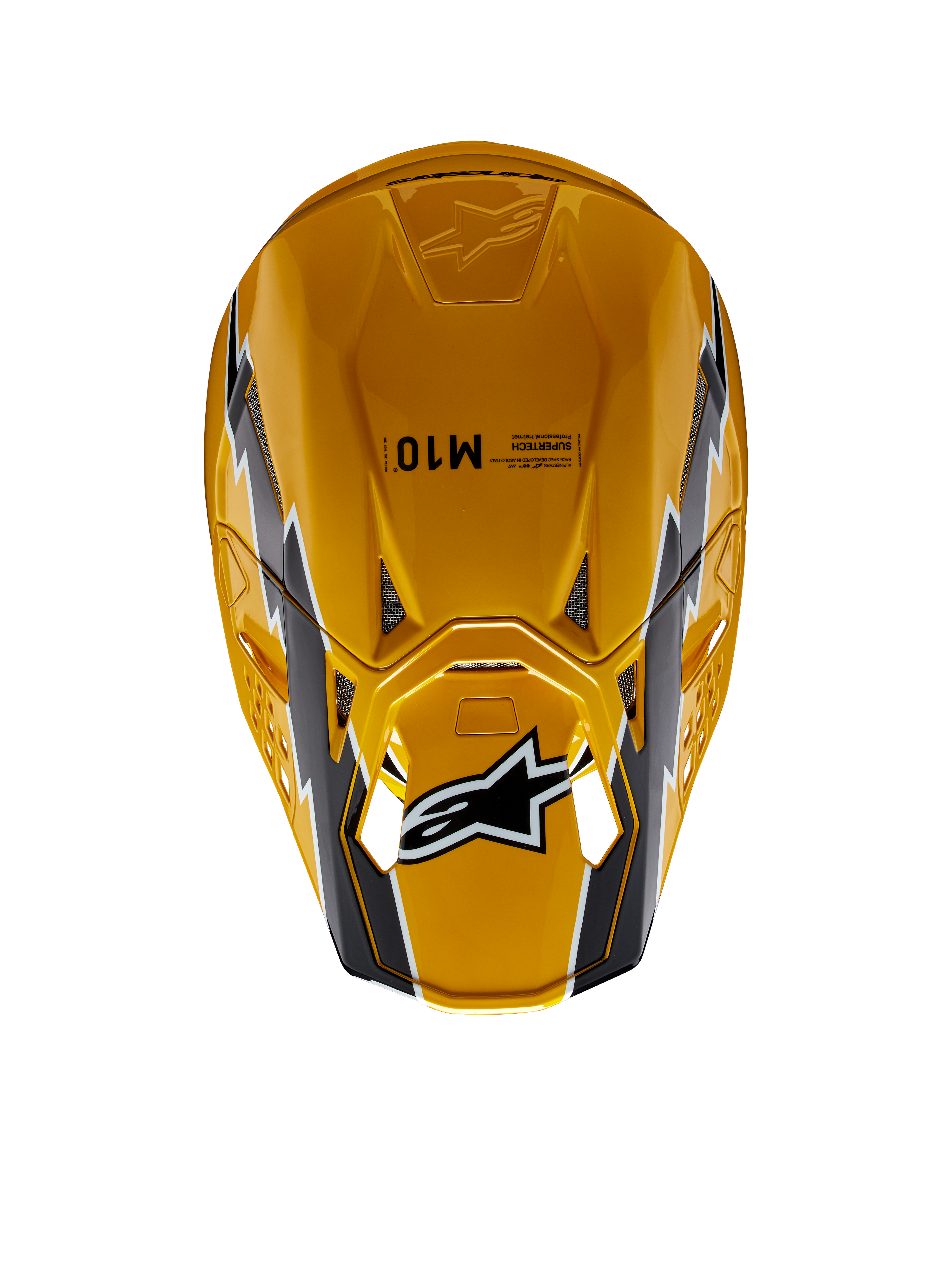 Casco Alpinestars Supertech M10 Ampress, casco da motocross, nero giallo lucido, vista dall'alto con finitura gialla lucida e grafiche nere e bianche, logo Alpinestars sulla visiera e calotta aerodinamica con prese d'aria.