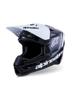 Casco Alpinestars S-M3 Radium, casco da motocross, nero, bianco e grigio lucido, con visiera bianca e marchio nero, calotta nera lucida con loghi Alpinestars bianchi in evidenza e accenti grafici grigi, design aerodinamico per corse off-road