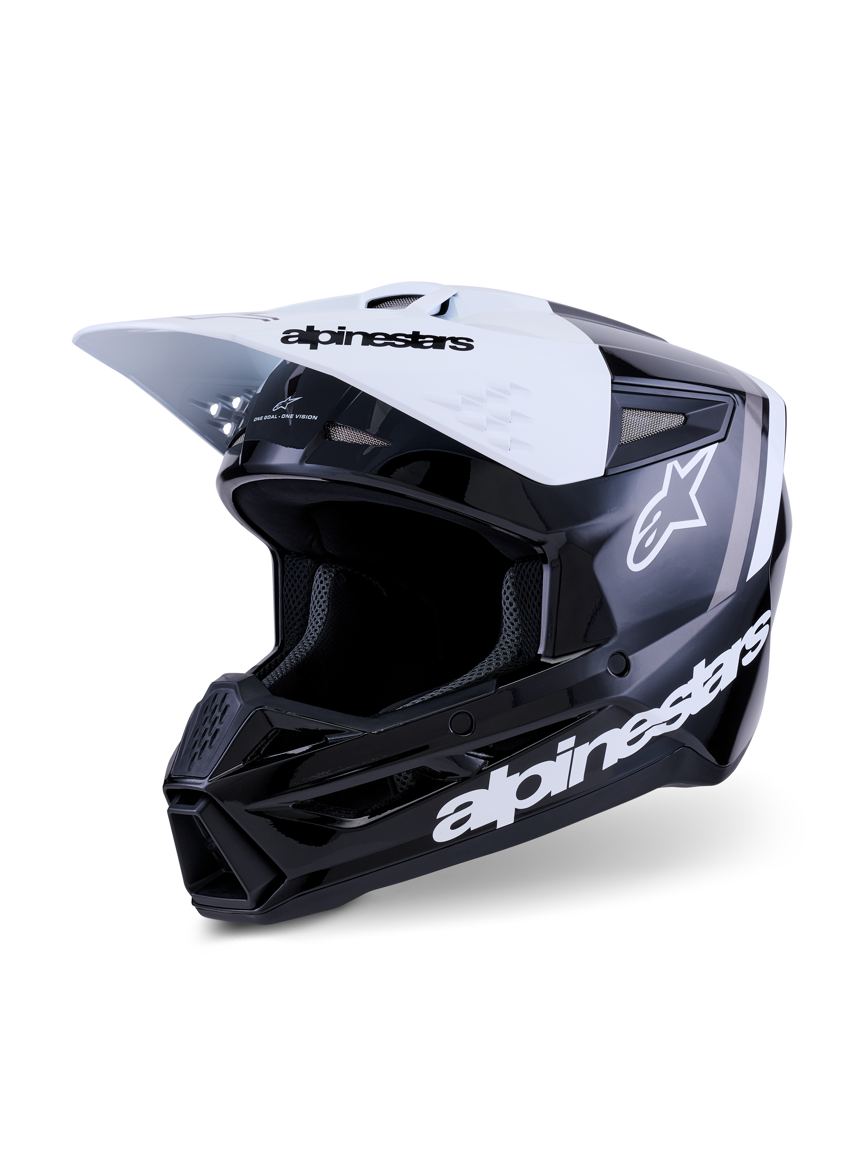 Casco Alpinestars S-M3 Radium, casco da motocross, nero, bianco e grigio lucido, con visiera bianca e marchio nero, calotta nera lucida con loghi Alpinestars bianchi in evidenza e accenti grafici grigi, design aerodinamico per corse off-road