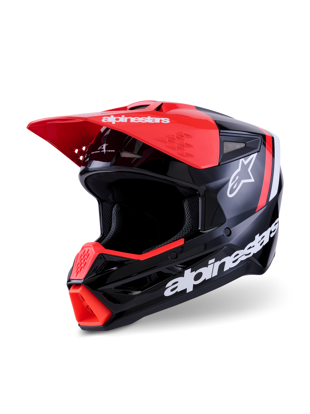 Casco Alpinestars S-M3 Radium, casco da motocross, nero, rosso fluo e bianco lucido, finitura lucida con marchio Alpinestars e logo a stella bianchi, caratterizzato da visiera e presa d'aria sulla mentoniera in rosso acceso, progettato per la protezione off-road.