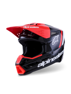 Casco Alpinestars S-M3 Radium, casco da motocross, nero, rosso fluo e bianco lucido, finitura lucida con marchio Alpinestars e logo a stella bianchi, caratterizzato da visiera e presa d'aria sulla mentoniera in rosso acceso, progettato per la protezione off-road.