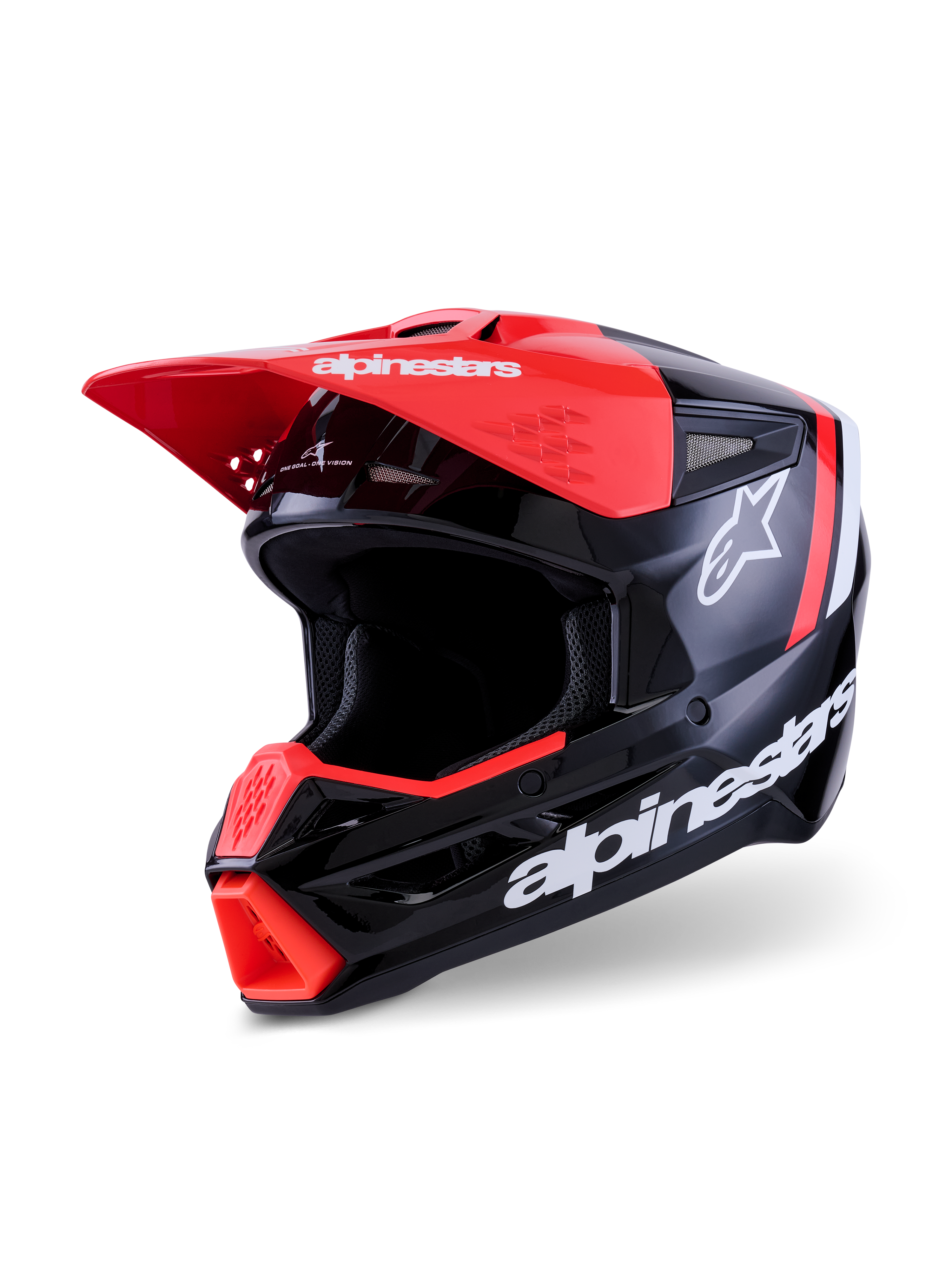 Casco Alpinestars S-M3 Radium, casco da motocross, nero, rosso fluo e bianco lucido, finitura lucida con marchio Alpinestars e logo a stella bianchi, caratterizzato da visiera e presa d'aria sulla mentoniera in rosso acceso, progettato per la protezione off-road.