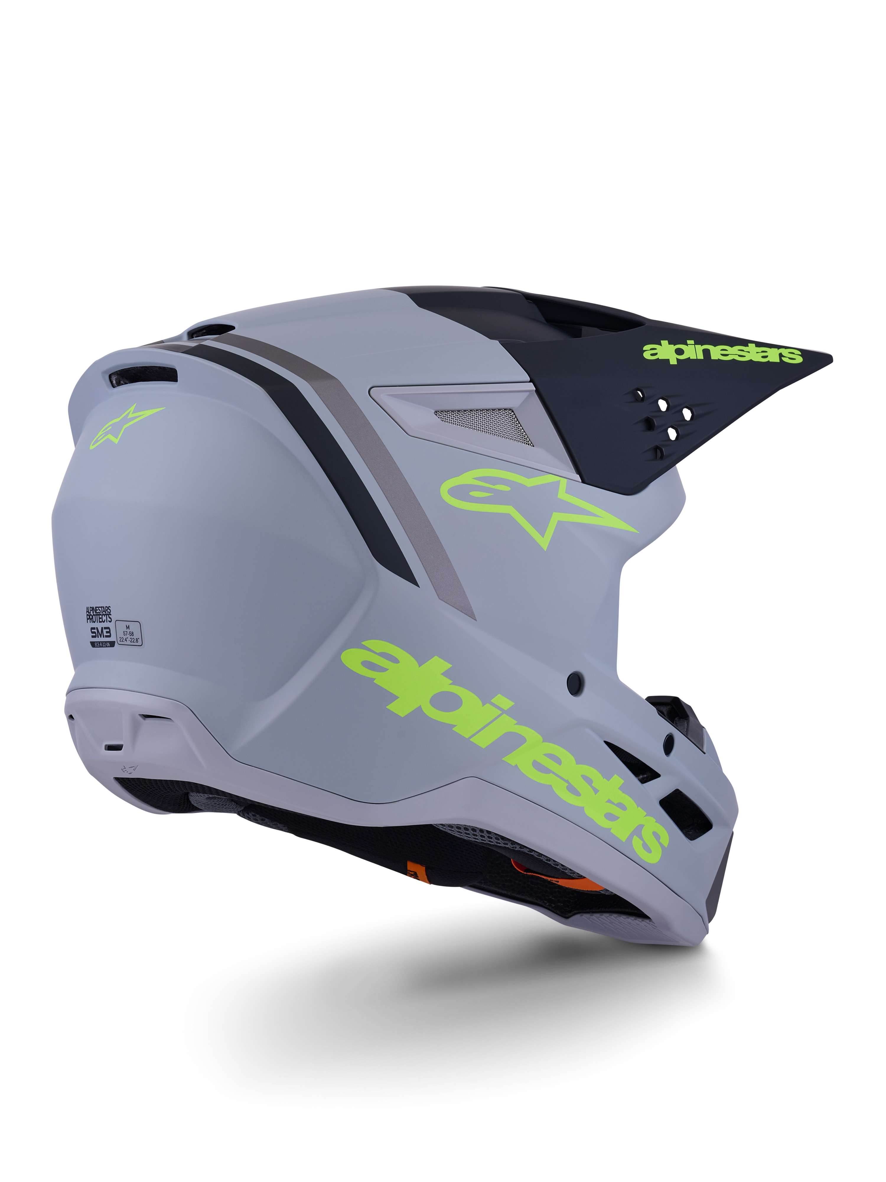 Casco Alpinestars S-M3 Radium, casco da motocross, grigio, nero e giallo fluo opaco, design integrale con calotta angolare, visiera prominente e porte di ventilazione, finitura opaca con grafiche audaci