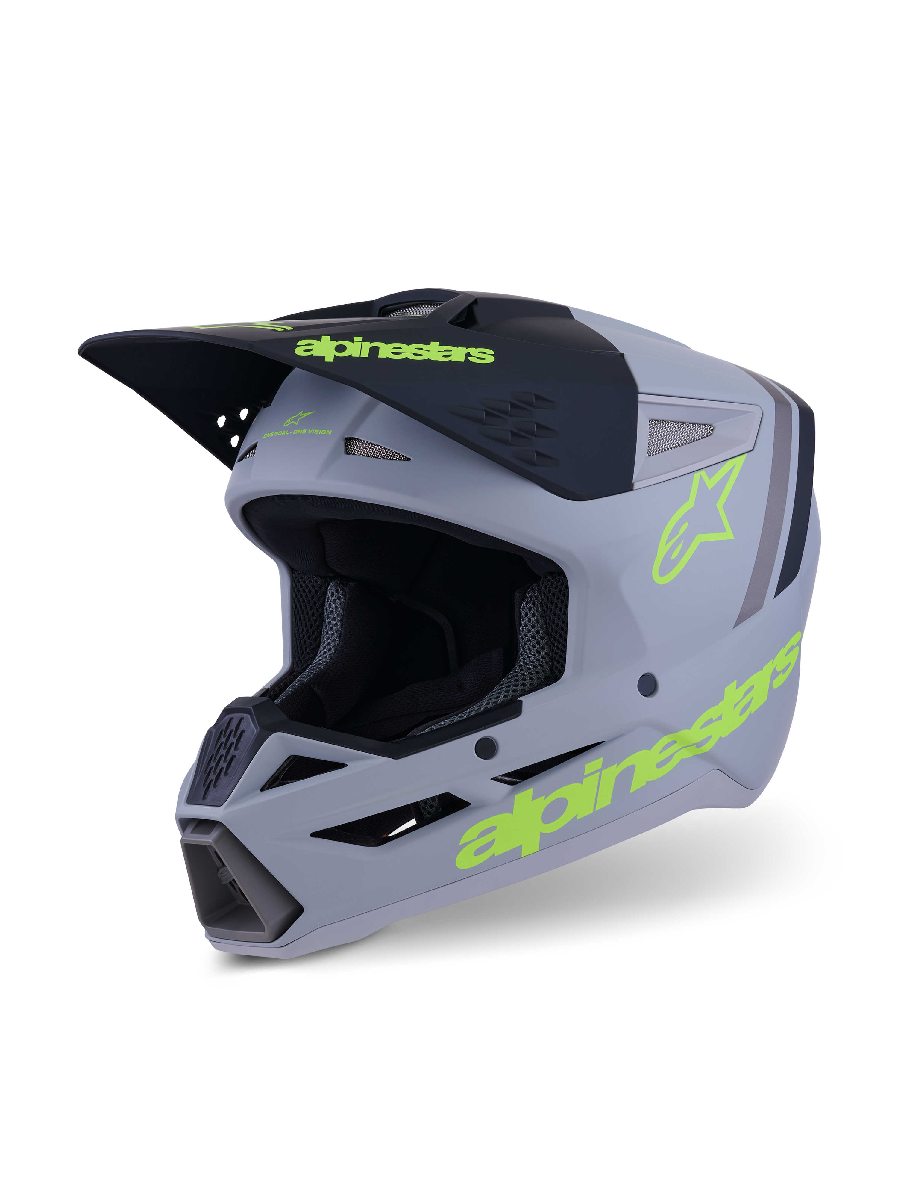 Alpinestars S-M3 Radium Helmet, casco da motocross ed enduro, grigio, nero e giallo fluo opaco, vista a tre quarti che mostra il design aggressivo della calotta, prese d'aria e loghi gialli vivaci
