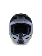 Casco Alpinestars S-M3 Radium, casco integrale da motocross, verde opaco e nero con dettagli giallo fluo, vista frontale con prese d'aria su mento e fronte e ampia apertura per la maschera, equipaggiamento protettivo professionale per fuoristrada