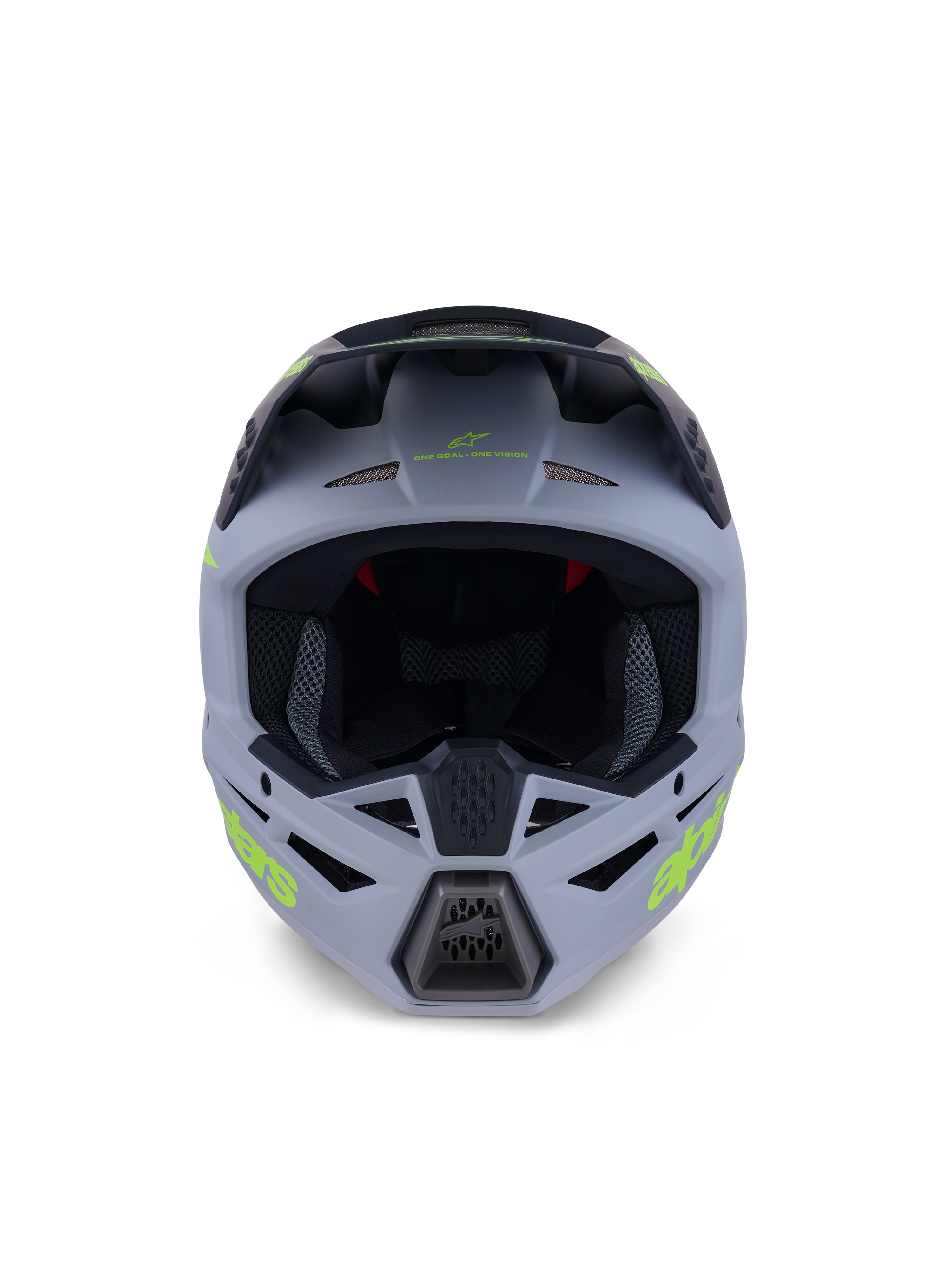 Casco Alpinestars S-M3 Radium, casco integrale da motocross, verde opaco e nero con dettagli giallo fluo, vista frontale con prese d'aria su mento e fronte e ampia apertura per la maschera, equipaggiamento protettivo professionale per fuoristrada