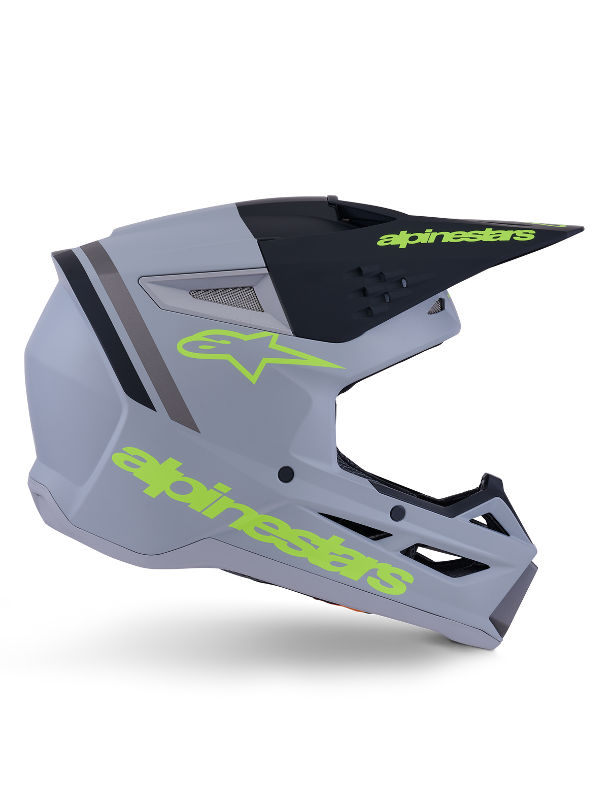 Alpinestars S-M3 Radium Helmet ECE 22.06, casco da motocross, grigio opaco, nero e giallo fluo, caratterizzato da un design aerodinamico angolare con frontino e sistema di ventilazione integrato