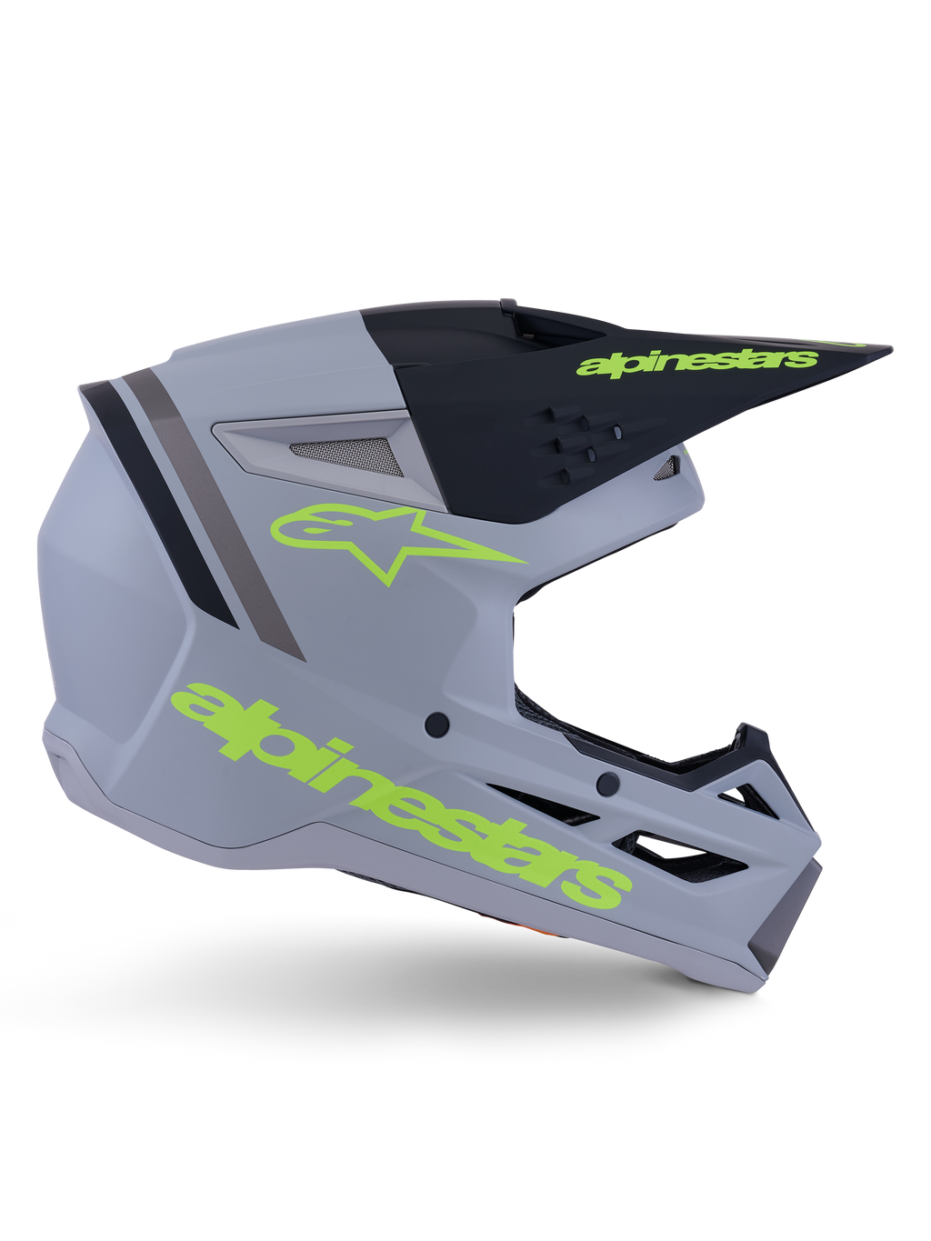 Alpinestars S-M3 Radium Helmet ECE 22.06, casco da motocross, grigio opaco, nero e giallo fluo, caratterizzato da un design aerodinamico angolare con frontino e sistema di ventilazione integrato