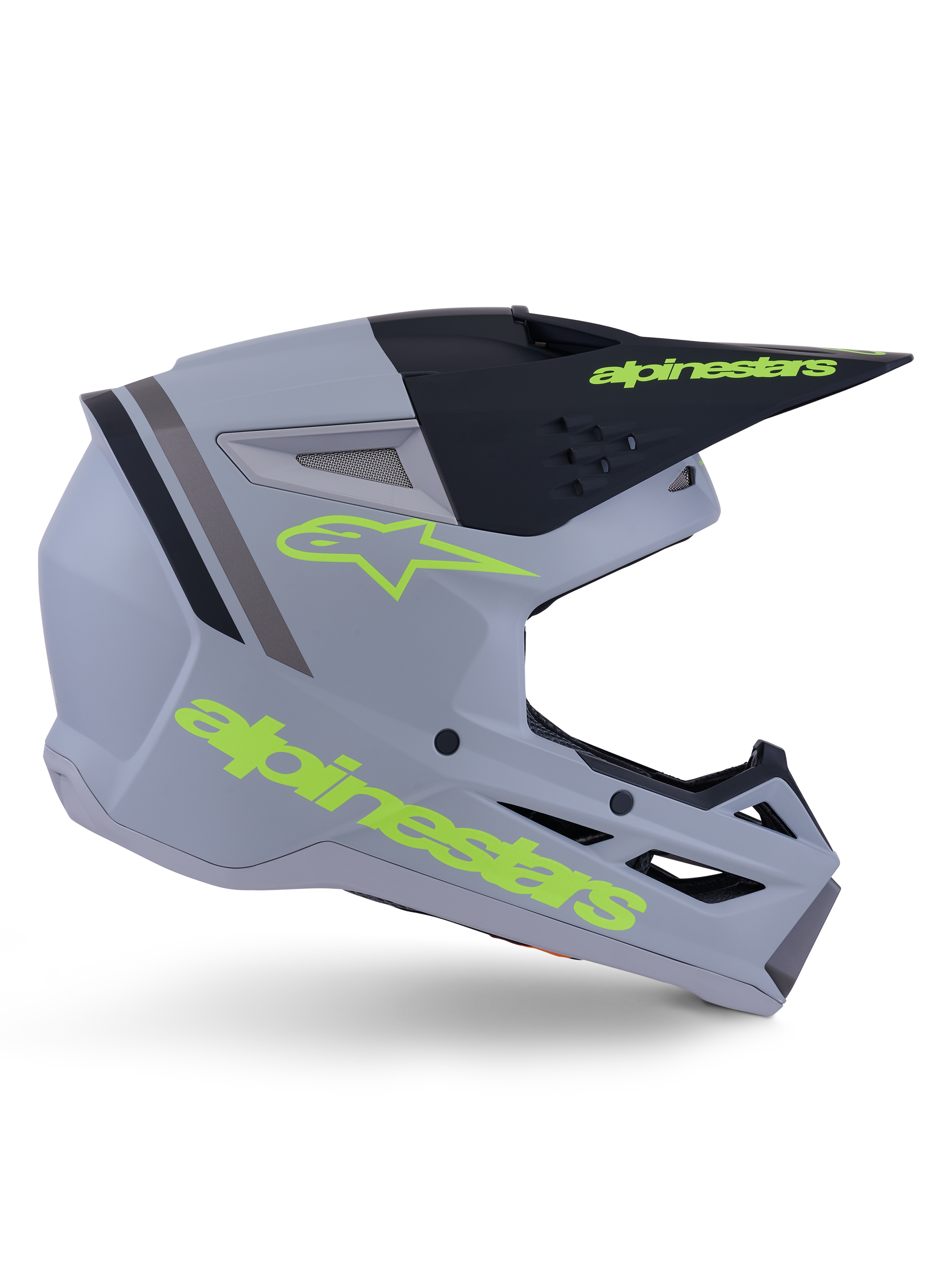 Alpinestars S-M3 Radium Helmet ECE 22.06, casco da motocross, grigio opaco, nero e giallo fluo, caratterizzato da un design aerodinamico angolare con frontino e sistema di ventilazione integrato