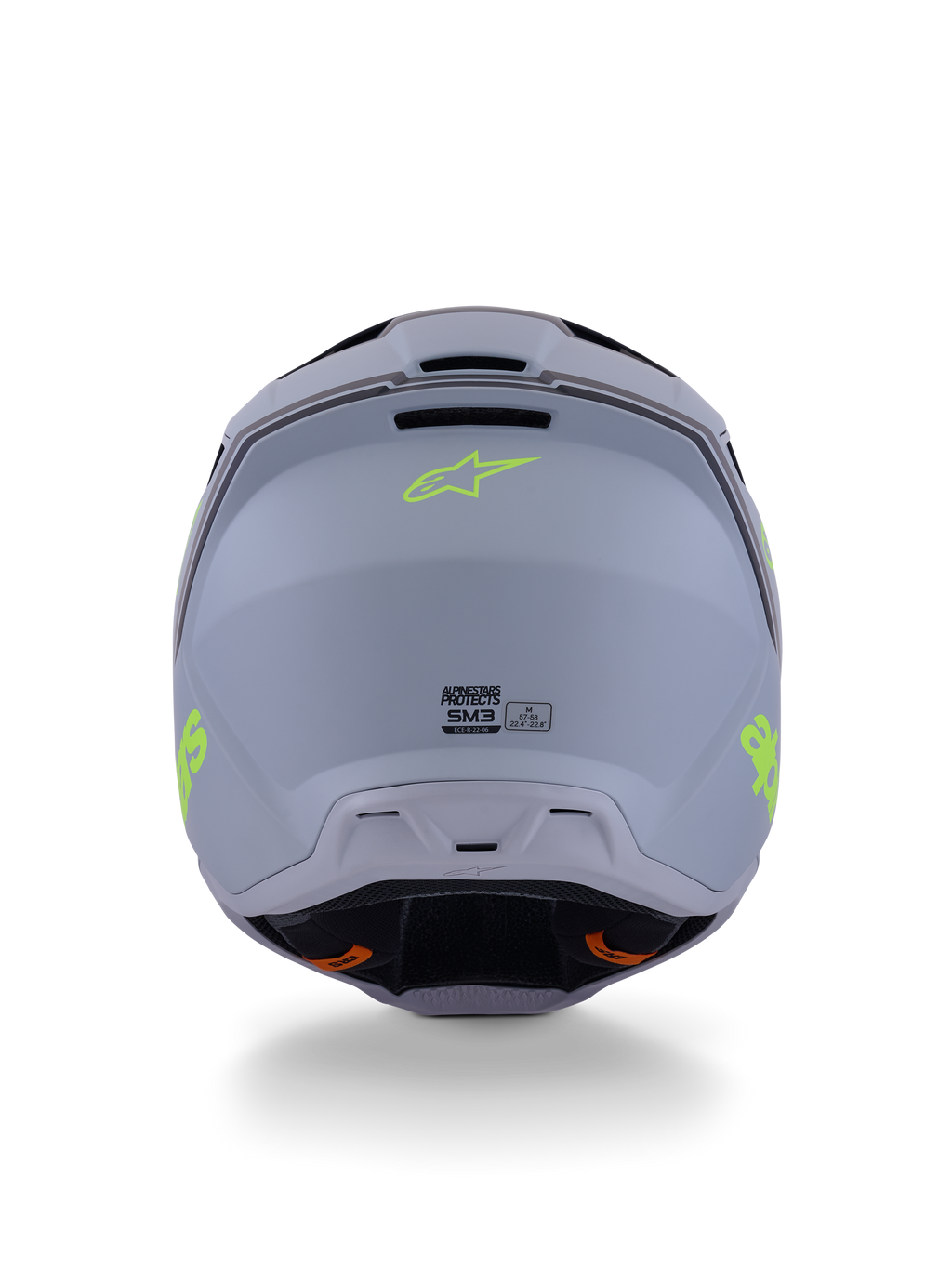 Casco Alpinestars S-M3 Radium, casco da motocross, verde, nero e giallo fluo opaco, vista posteriore che mostra la finitura opaca della calotta, logo Alpinestars giallo neon e dettagli della certificazione ECE 22.06.