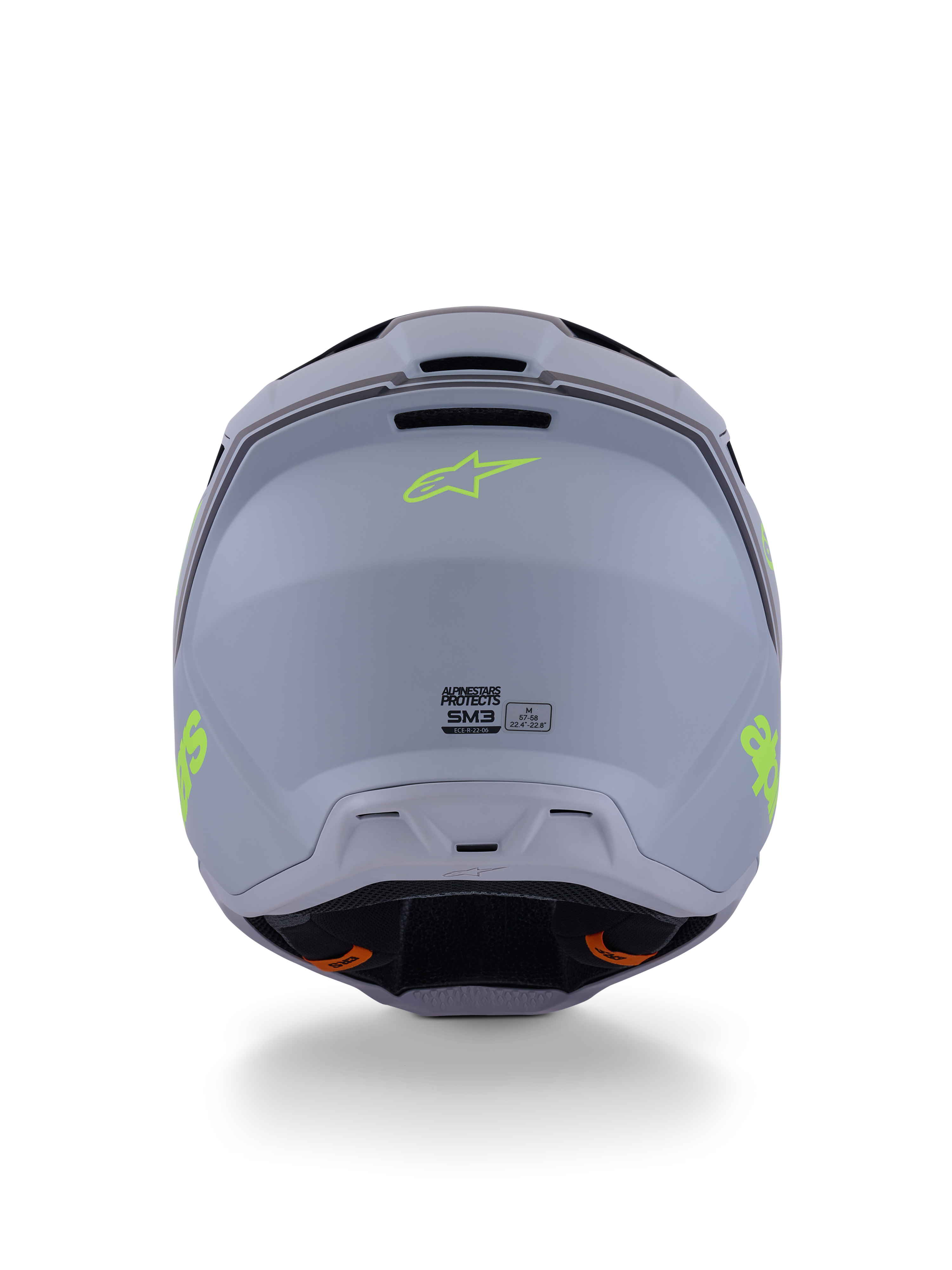 Casco Alpinestars S-M3 Radium, casco da motocross, verde, nero e giallo fluo opaco, vista posteriore che mostra la finitura opaca della calotta, logo Alpinestars giallo neon e dettagli della certificazione ECE 22.06.