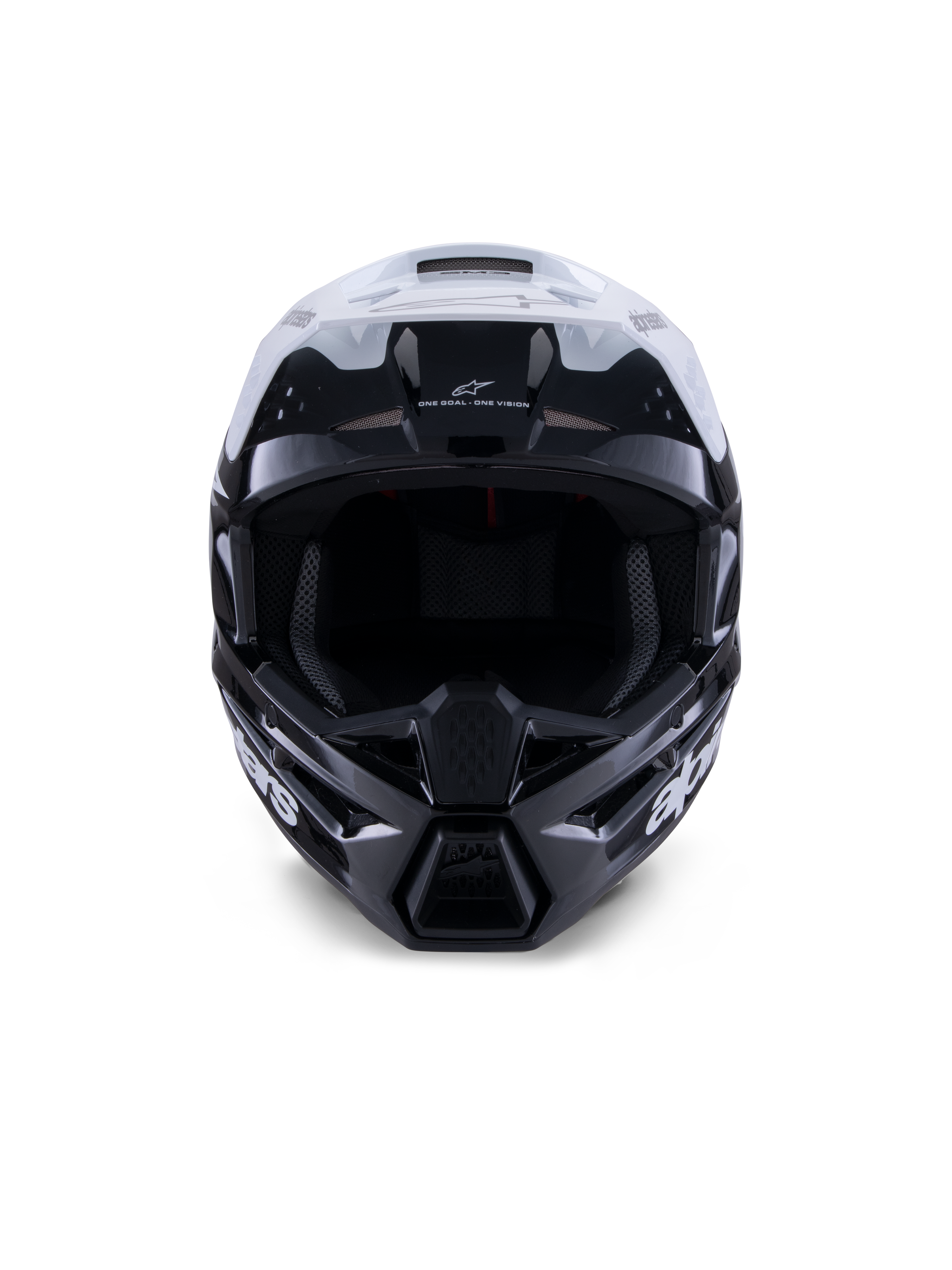 Casco Alpinestars S-M3 Radium, casco da motocross, nero, bianco e grigio lucido, vista frontale, caratterizzato da un design della calotta aggressivo con visiera bianca, mentoniera nera e prese di ventilazione con rivestimento in mesh.