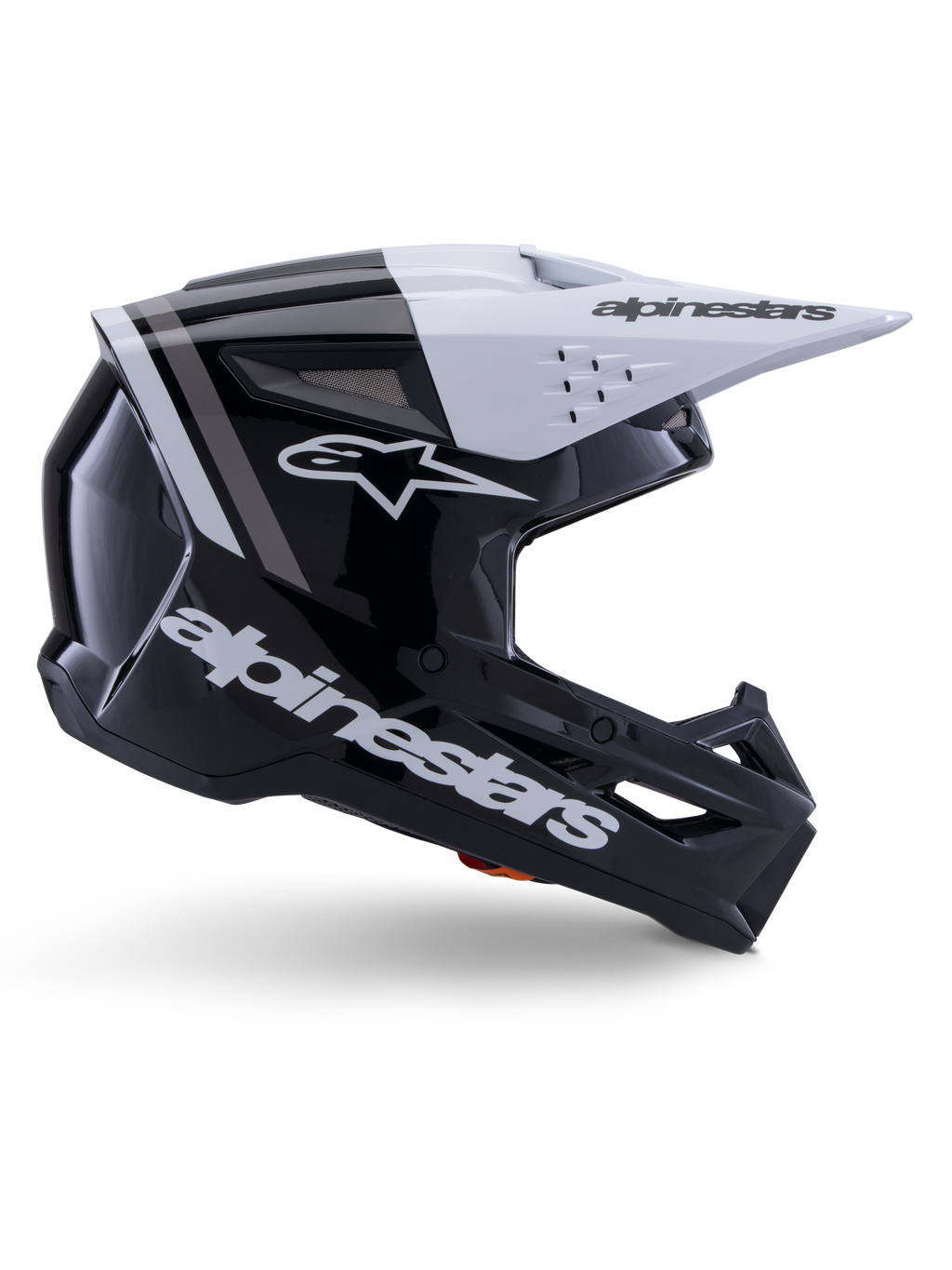 Casco Alpinestars S-M3 Radium, casco da motocross off-road, nero, bianco e grigio lucido, design aerodinamico angolare con prese d'aria, vista laterale, finitura lucida con strisce grigie e visiera bianca con logo Alpinestars