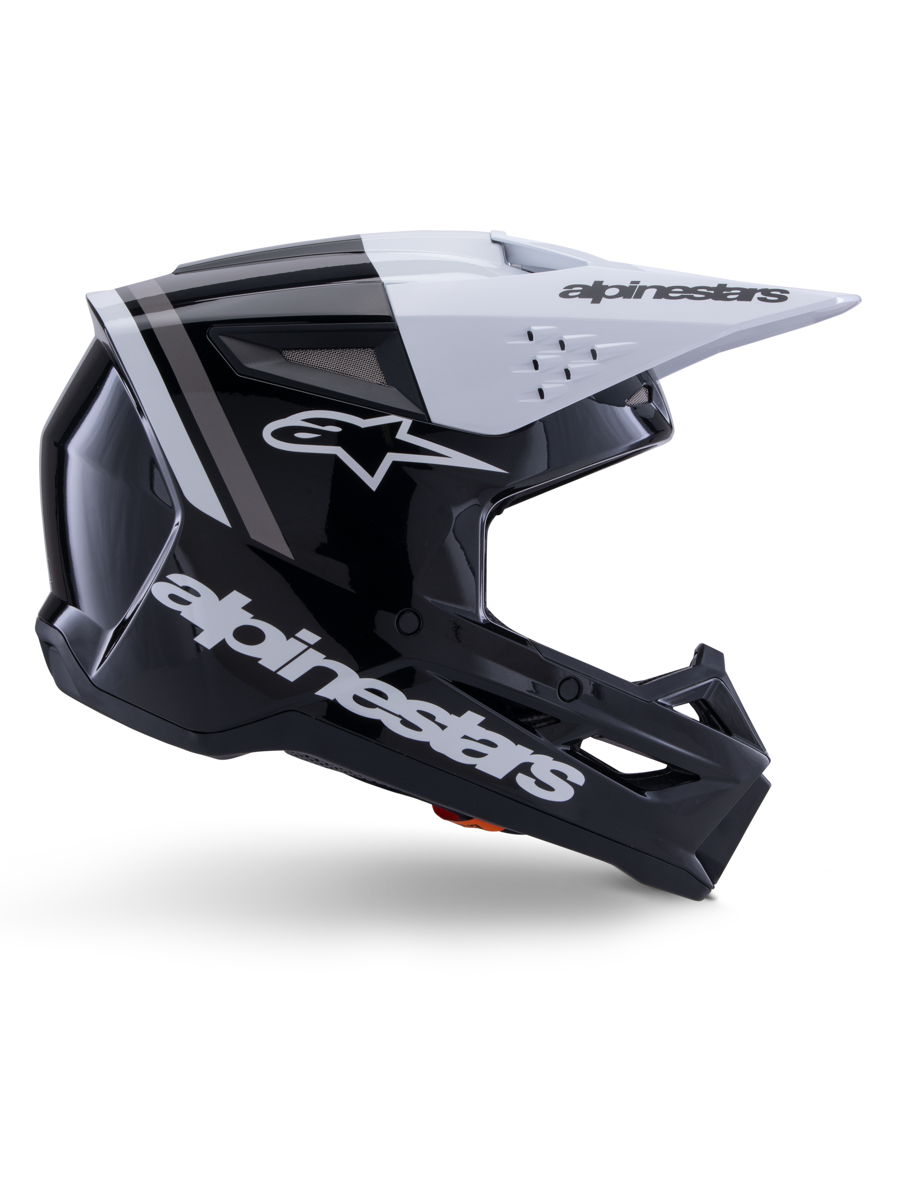 Casco Alpinestars S-M3 Radium, casco da motocross off-road, nero, bianco e grigio lucido, design aerodinamico angolare con prese d'aria, vista laterale, finitura lucida con strisce grigie e visiera bianca con logo Alpinestars