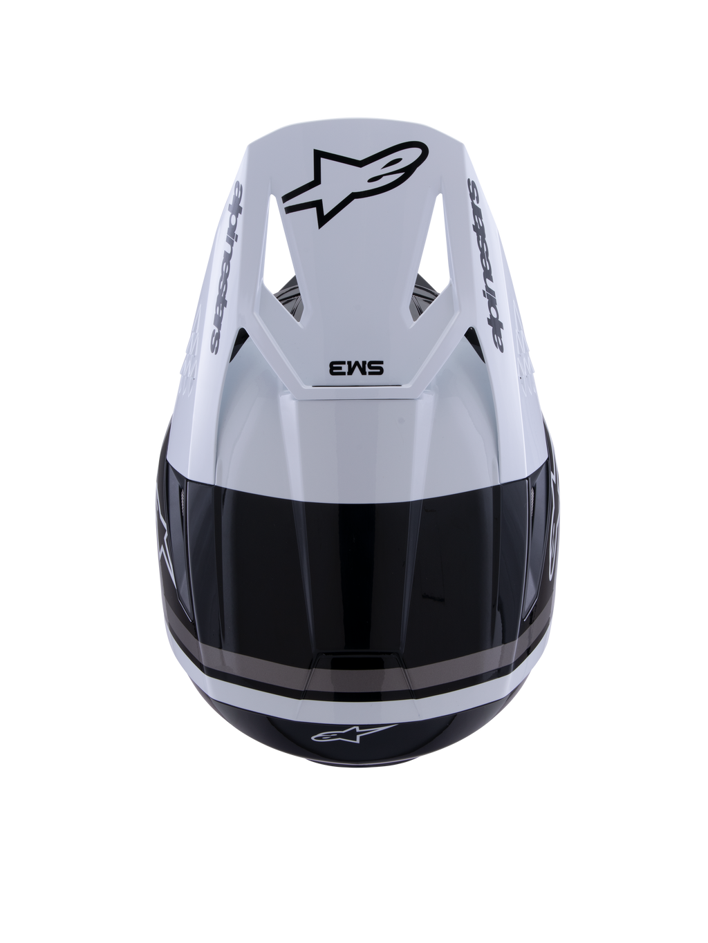 Casco Alpinestars S-M3 Radium, casco da motocross, nero, bianco e grigio lucido, vista dall'alto che mostra la visiera bianca con logo Astar nero e marchio SM3, finitura lucida con prese d'aria, protezione per la testa off-road ad alte prestazioni