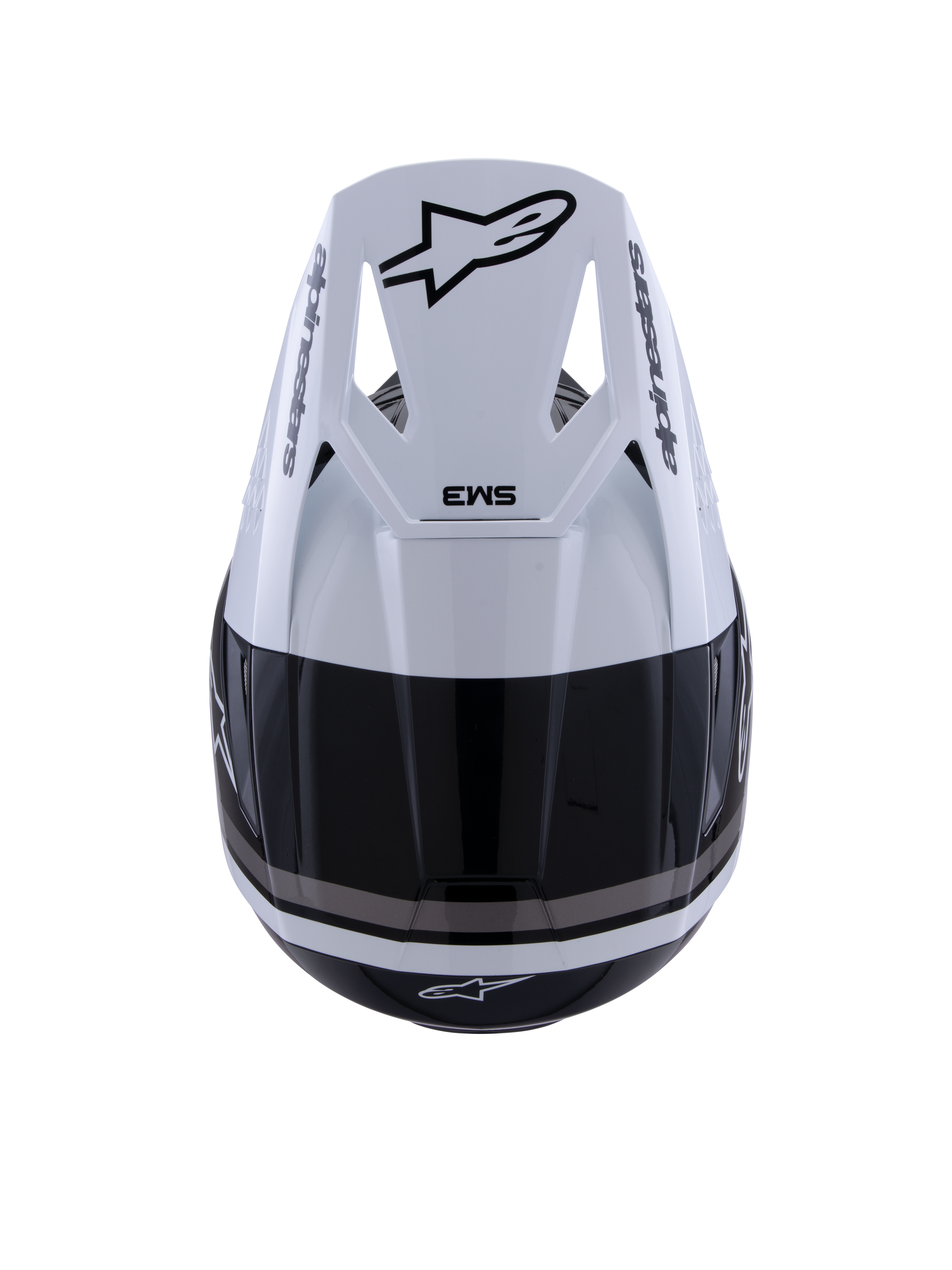 Casco Alpinestars S-M3 Radium, casco da motocross, nero, bianco e grigio lucido, vista dall'alto che mostra la visiera bianca con logo Astar nero e marchio SM3, finitura lucida con prese d'aria, protezione per la testa off-road ad alte prestazioni