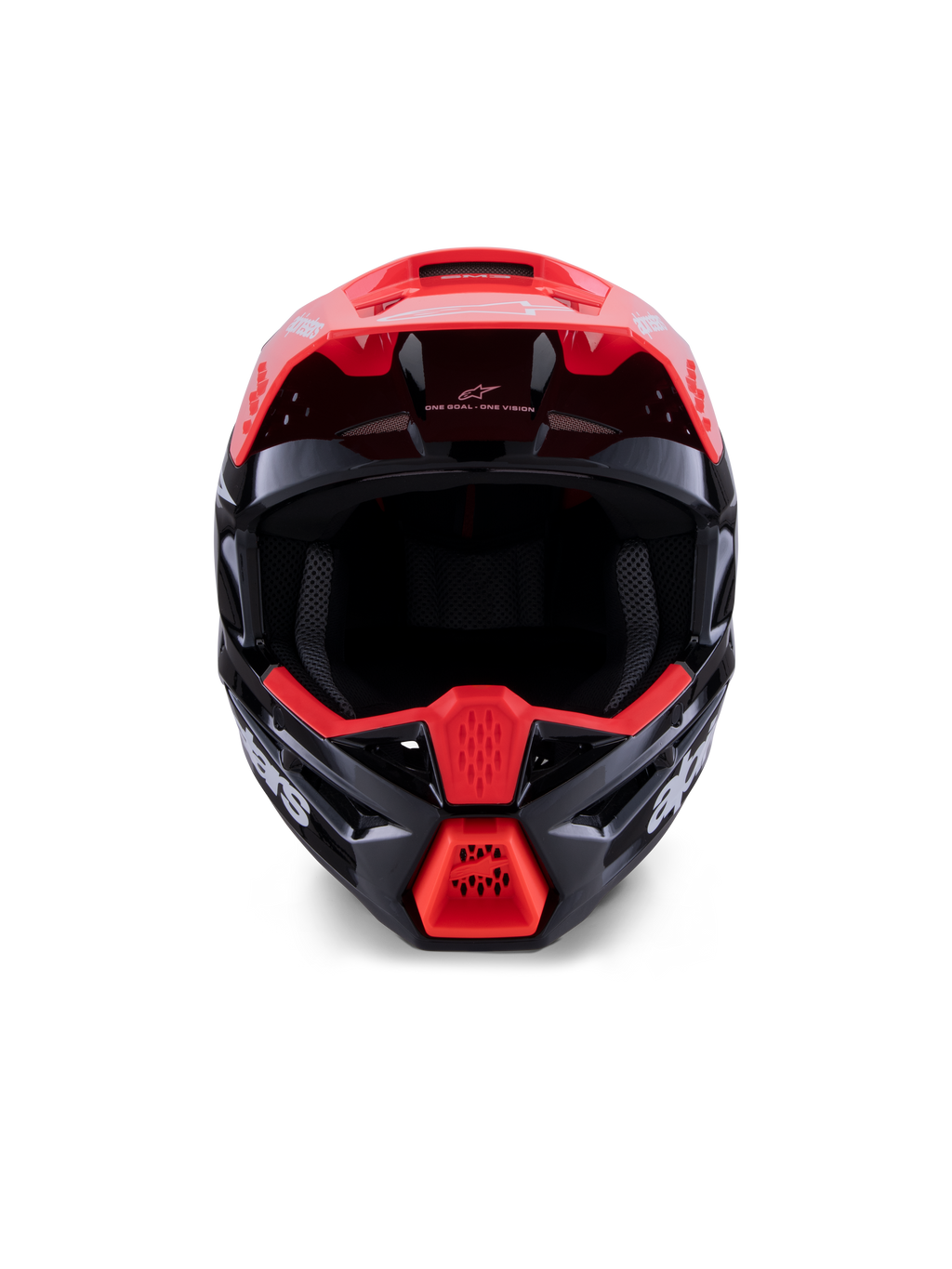 Alpinestars S-M3 Radium Helmet ECE 22.06, casco da motocross, nero lucido con accenti rosso fluorescente e bianco, vista frontale che mostra la calotta aerodinamica, la visiera integrata e la mentoniera protettiva con branding Alpinestars evidente.