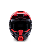 Alpinestars S-M3 Radium Helmet ECE 22.06, casco da motocross, nero lucido con accenti rosso fluorescente e bianco, vista frontale che mostra la calotta aerodinamica, la visiera integrata e la mentoniera protettiva con branding Alpinestars evidente.