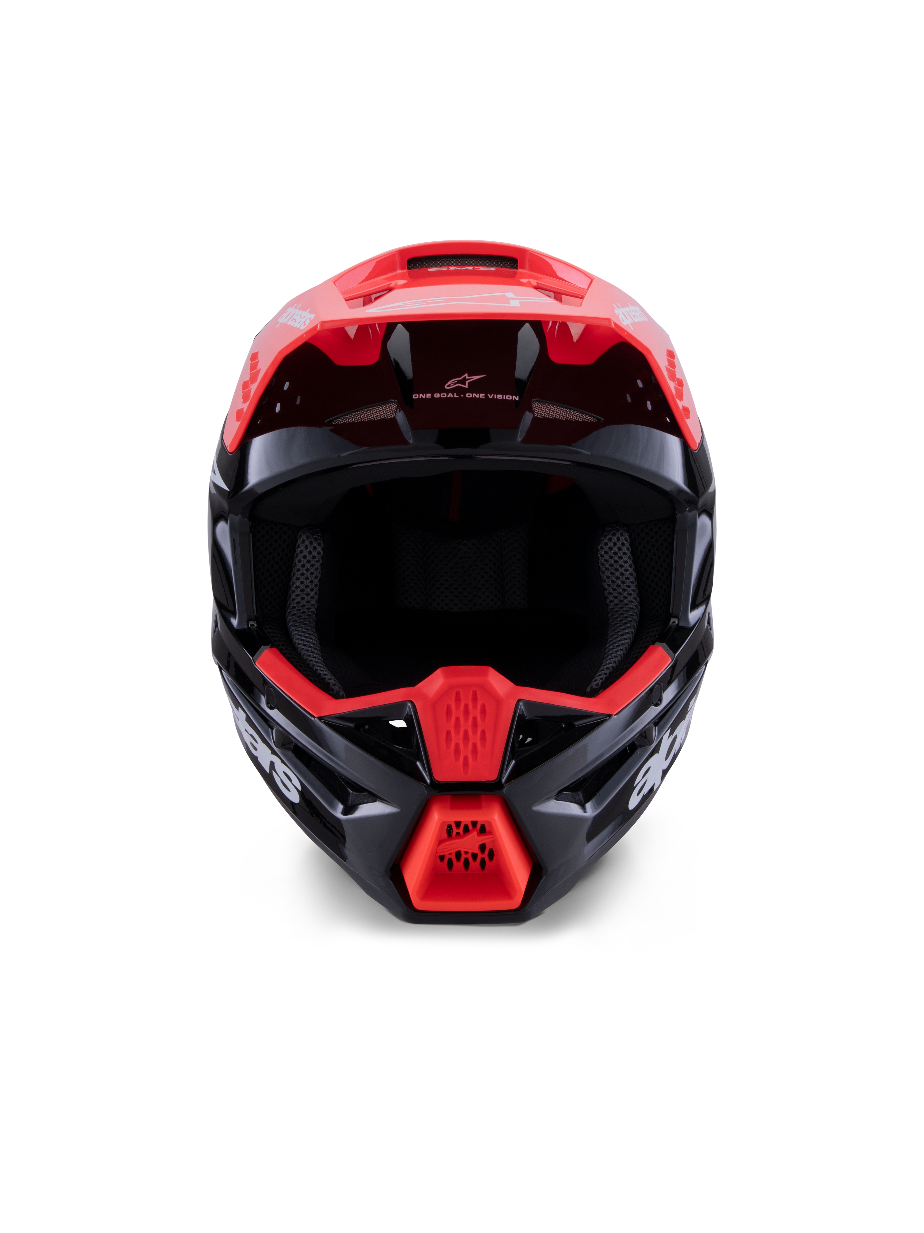 Alpinestars S-M3 Radium Helmet ECE 22.06, casco da motocross, nero lucido con accenti rosso fluorescente e bianco, vista frontale che mostra la calotta aerodinamica, la visiera integrata e la mentoniera protettiva con branding Alpinestars evidente.