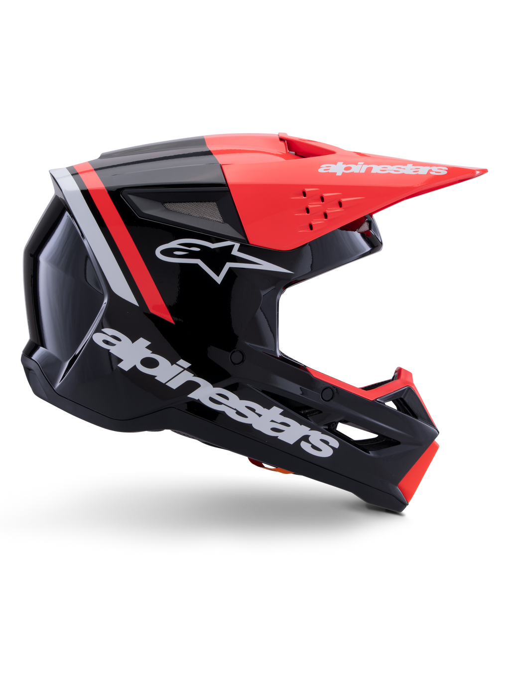 Alpinestars S-M3 Radium Helmet, casco da motocross, nero, rosso fluo e bianco lucido, con design aerodinamico, visiera angolare, prese d'aria e finitura lucida, protezione premium per il motorsport