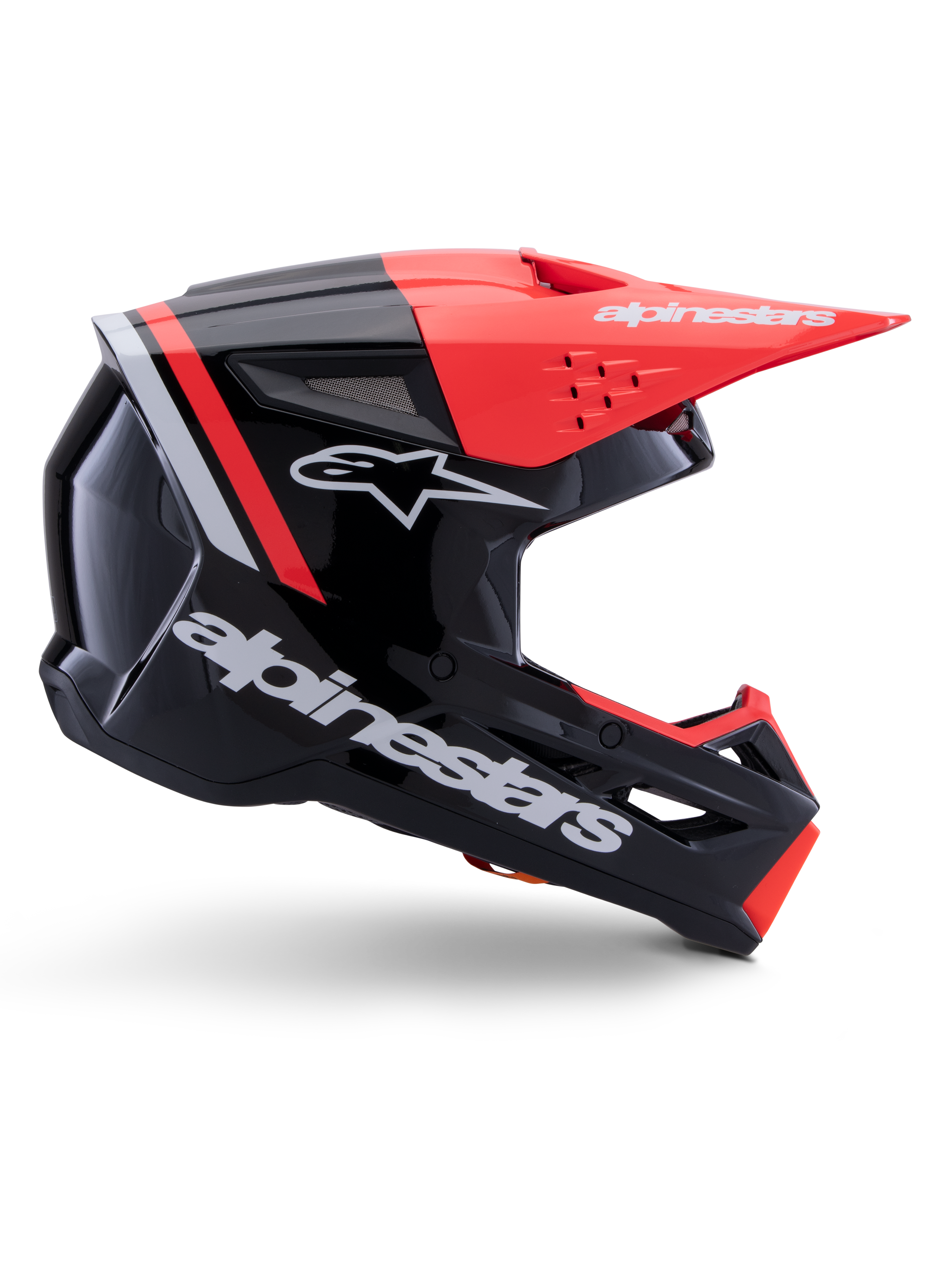 Alpinestars S-M3 Radium Helmet, casco da motocross, nero, rosso fluo e bianco lucido, con design aerodinamico, visiera angolare, prese d'aria e finitura lucida, protezione premium per il motorsport