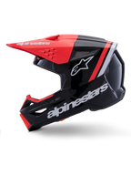Casco Alpinestars S-M3 Radium, casco da motocross, nero, rosso fluo e bianco lucido, vista di profilo, con grande marchio Alpinestars bianco e logo a stella, frontino rosso fluo e dettagli sulla mentoniera, finitura lucida, progettato per la guida fuoristrada MX ed Enduro