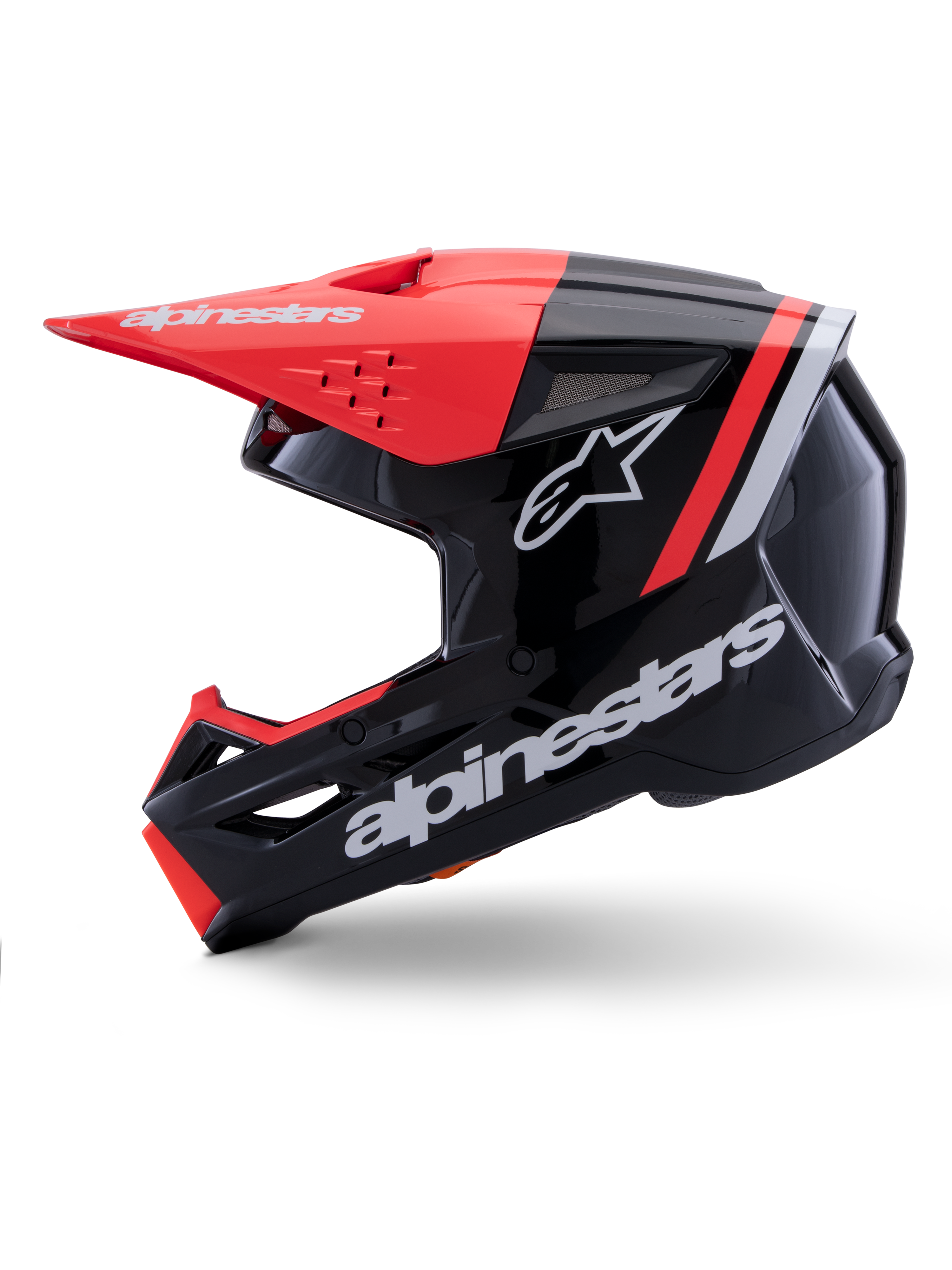 Casco Alpinestars S-M3 Radium, casco da motocross, nero, rosso fluo e bianco lucido, vista di profilo, con grande marchio Alpinestars bianco e logo a stella, frontino rosso fluo e dettagli sulla mentoniera, finitura lucida, progettato per la guida fuoristrada MX ed Enduro