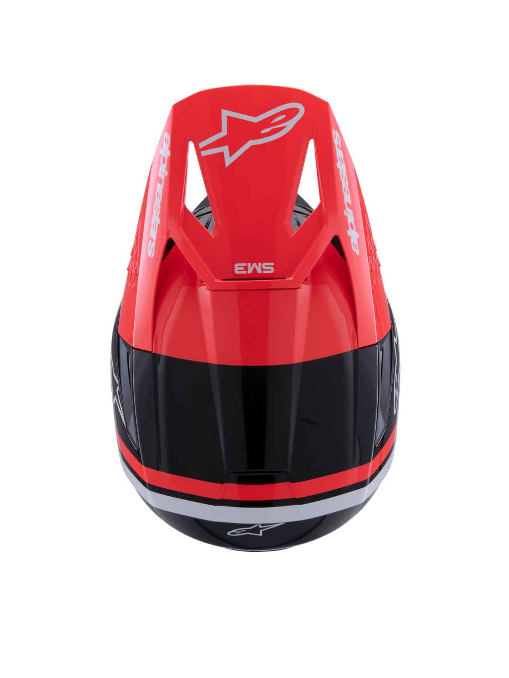 Casco Alpinestars S-M3 Radium, casco da motocross, nero, rosso fluo e bianco lucido, vista dall'alto con visiera rosso fluo, logo Alpinestars bianco e design aerodinamico.