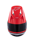 Casco Alpinestars S-M3 Radium, casco da motocross, nero, rosso fluo e bianco lucido, vista dall'alto con visiera rosso fluo, logo Alpinestars bianco e design aerodinamico.