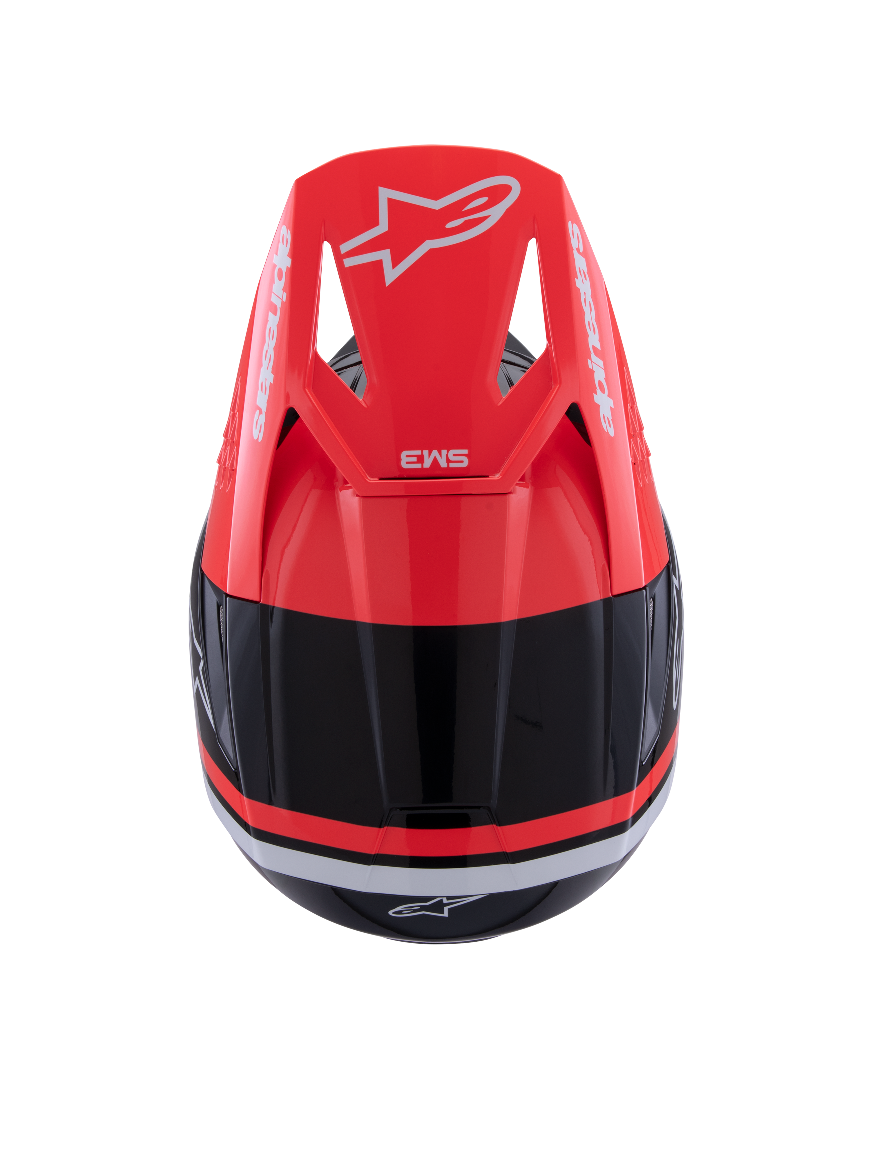 Casco Alpinestars S-M3 Radium, casco da motocross, nero, rosso fluo e bianco lucido, vista dall'alto con visiera rosso fluo, logo Alpinestars bianco e design aerodinamico.