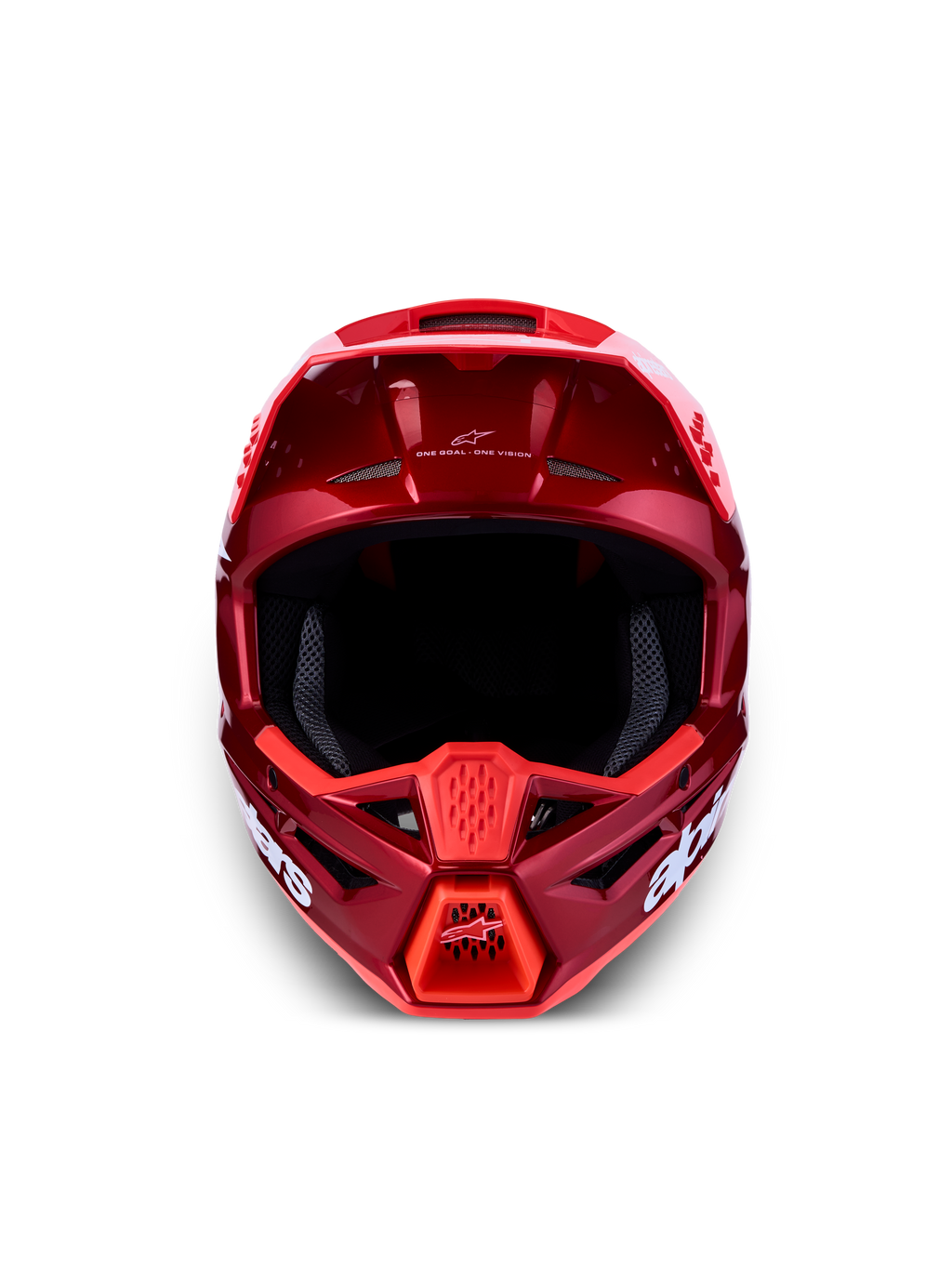 Alpinestars Casco SM3 Radium ECE06, casco da motocross rosso e bianco, calotta termo-iniettata, certificato ECE 22.06, vista frontale con sistema di ventilazione.