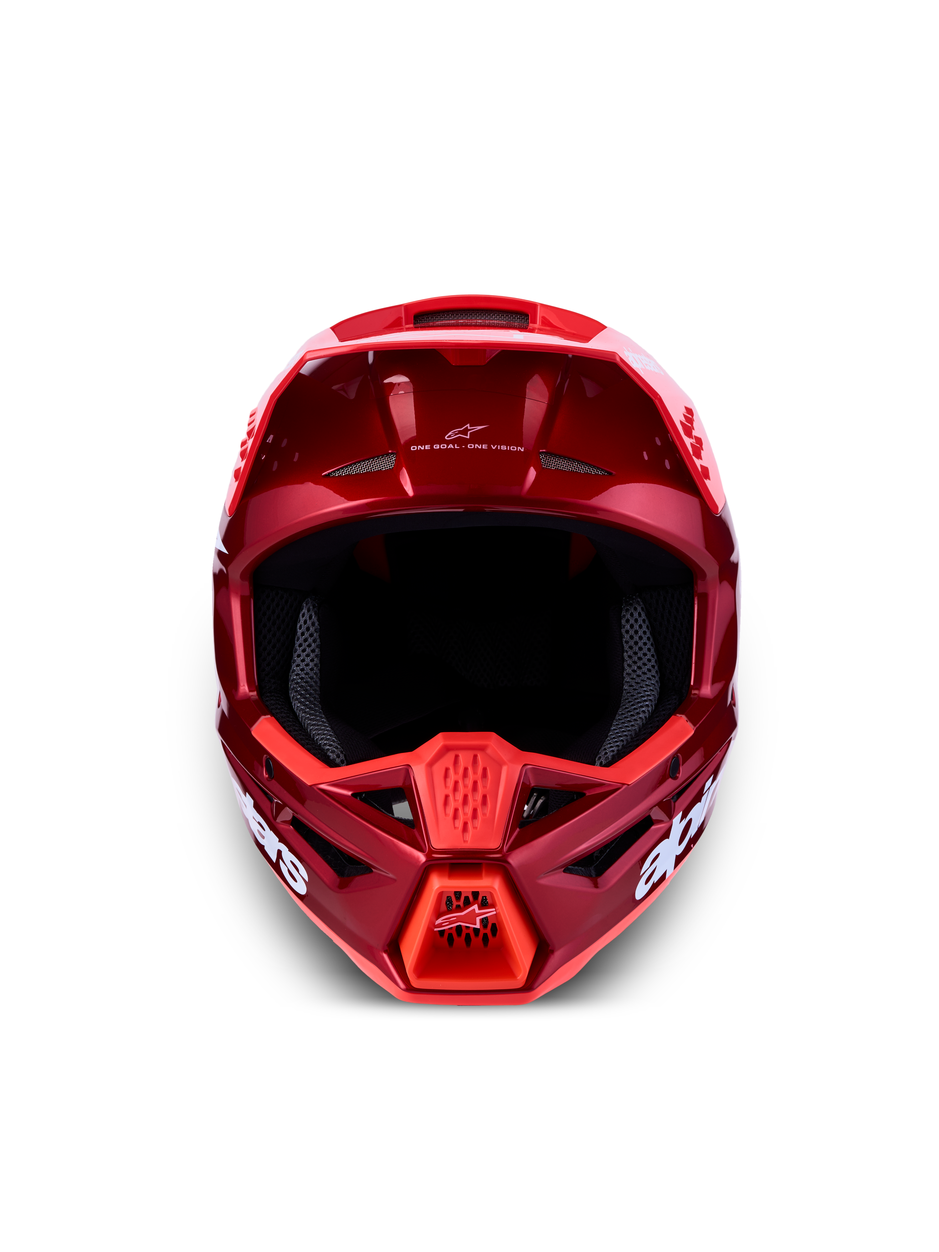 Alpinestars Casco SM3 Radium ECE06, casco da motocross rosso e bianco, calotta termo-iniettata, certificato ECE 22.06, vista frontale con sistema di ventilazione.