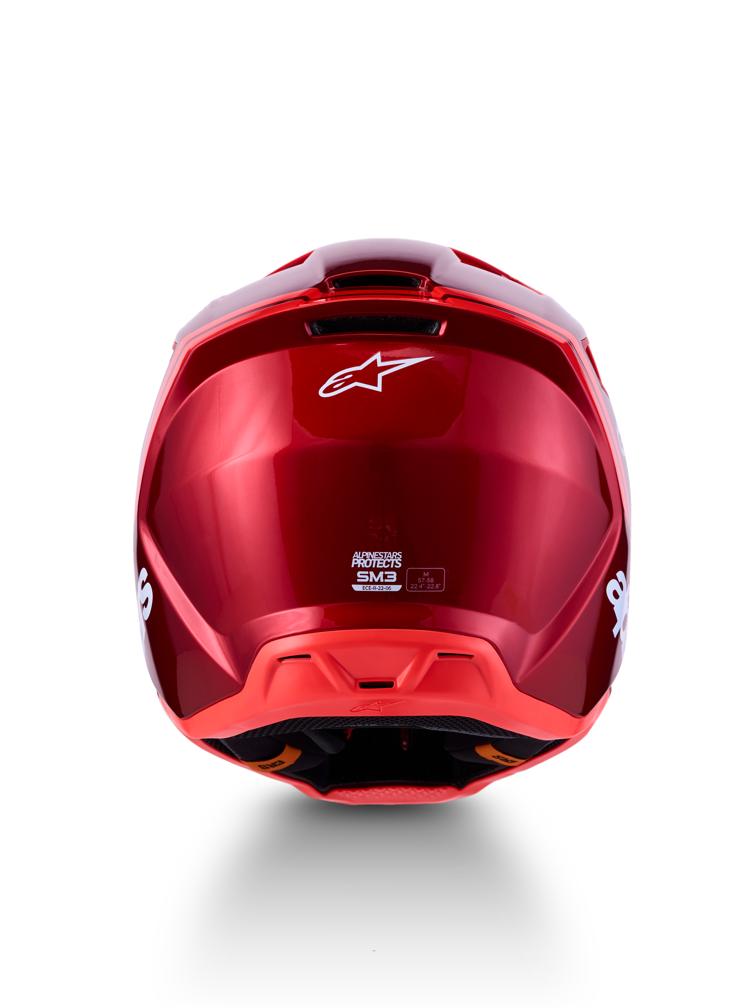 Alpinestars Casco SM3 Radium ECE06, vista posteriore rosso lucido e rosso fluo, motocross, certificazione ECE 22.06.