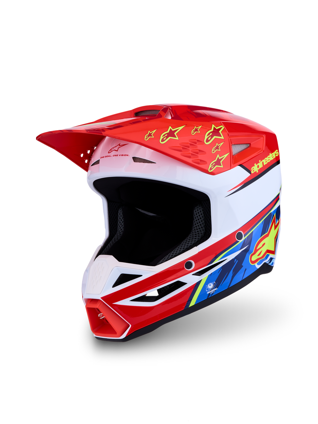 Alpinestars Casco SM3 Falcon ECE06, casco da motocross rosso e bianco con grafiche blu e gialle, certificato ECE 2206