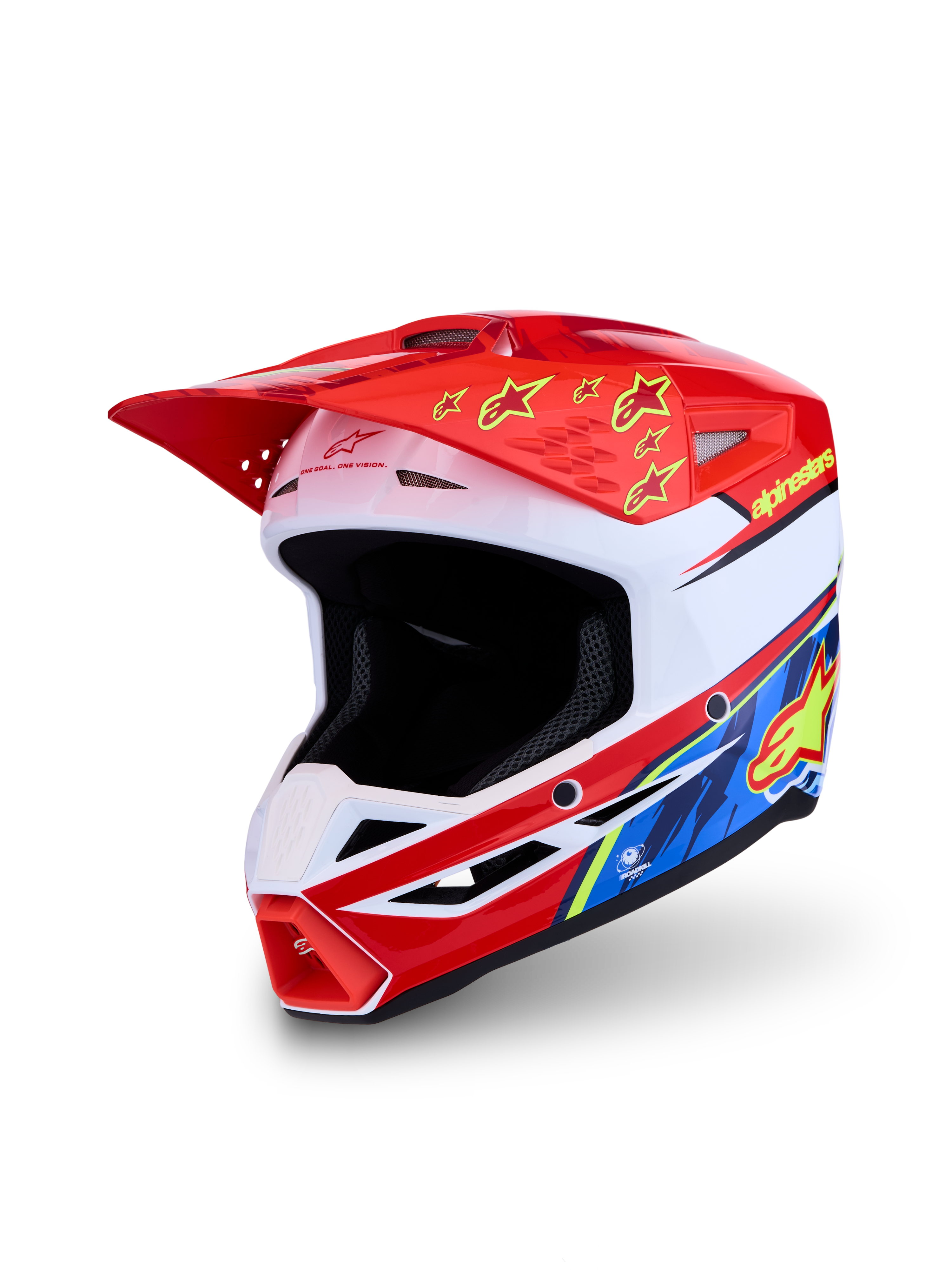 Alpinestars Casco SM3 Falcon ECE06, casco da motocross rosso e bianco con grafiche blu e gialle, certificato ECE 2206