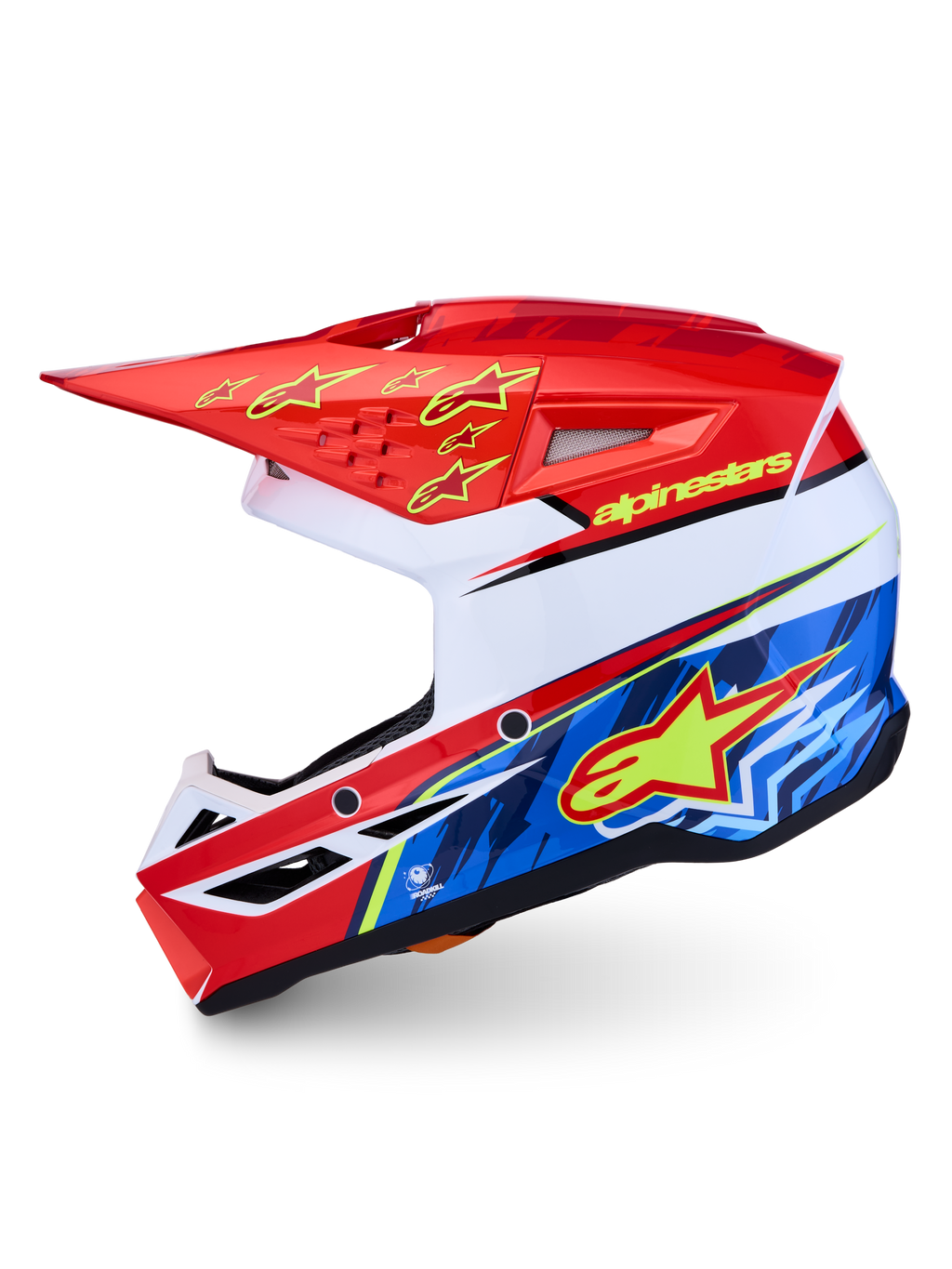 Alpinestars Casco SM3 Falcon ECE06, casco da motocross ed enduro, rosso, bianco e blu con grafiche gialle, certificato ECE 22.06, sistema di rilascio della visiera e ventilazione ottimizzata.