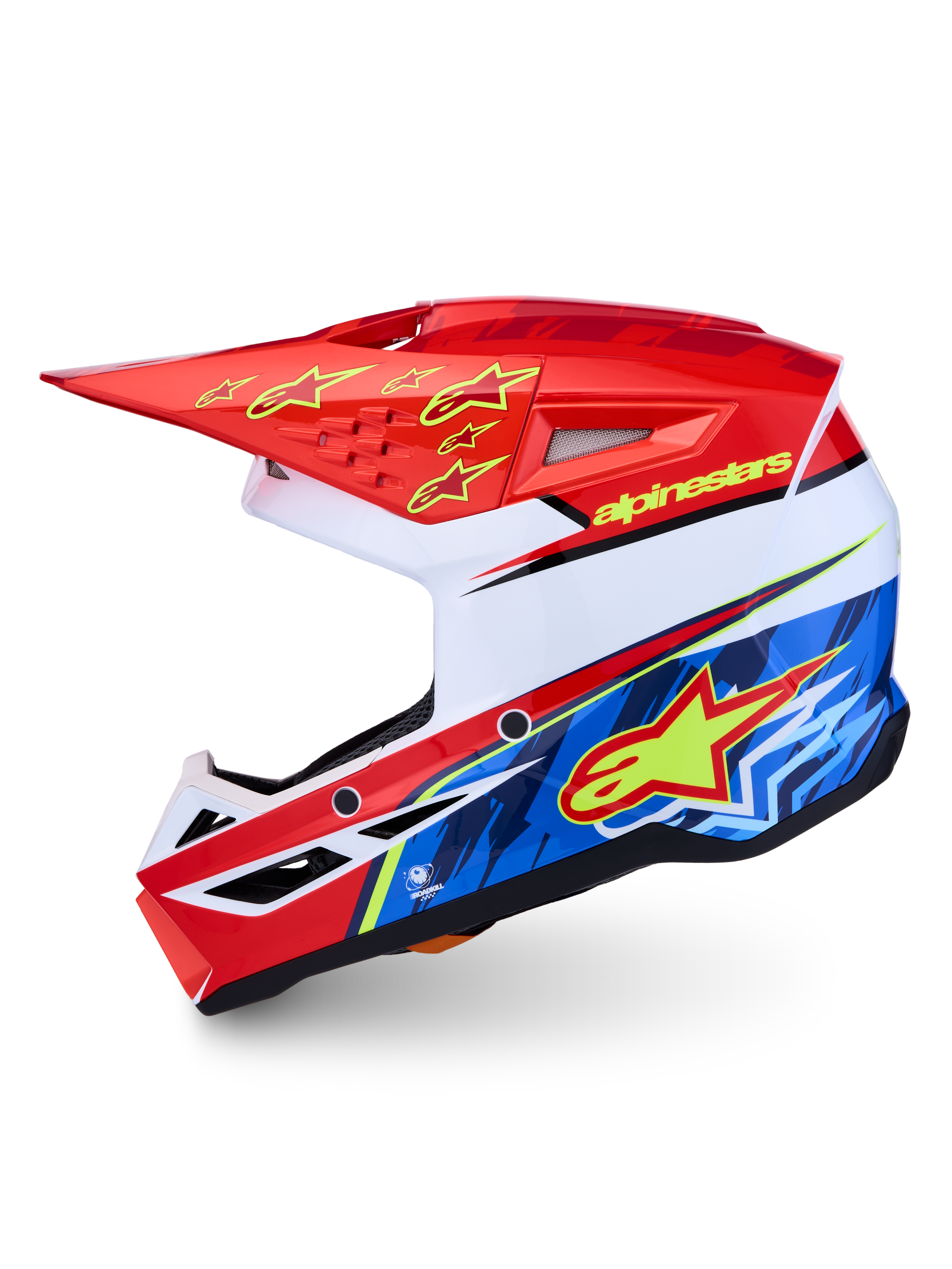 Alpinestars Casco SM3 Falcon ECE06, casco da motocross ed enduro, rosso, bianco e blu con grafiche gialle, certificato ECE 22.06, sistema di rilascio della visiera e ventilazione ottimizzata.